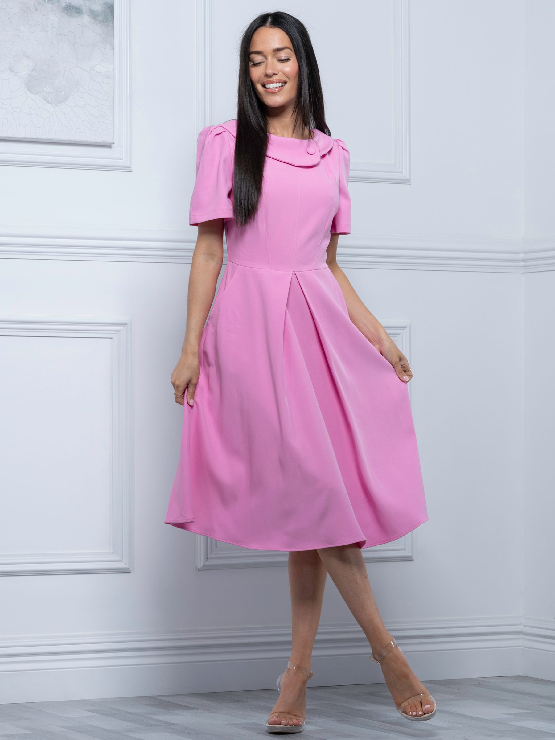 Jolie Moi Debora Button Neck Flared Dress, Pink at John Lewis & Partners