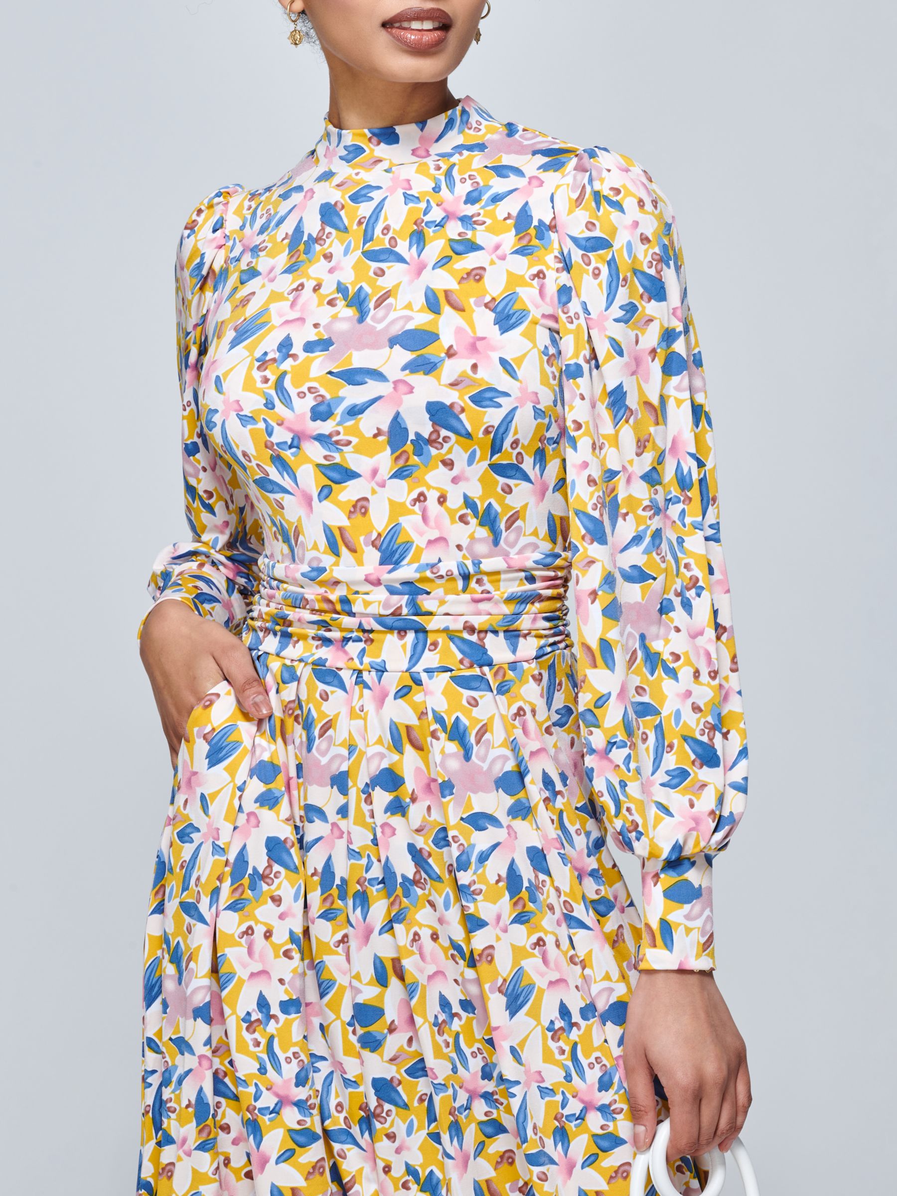 Jolie Moi Vesper Long Sleeve Floral Midi Dress, Yellow/Multi at John ...