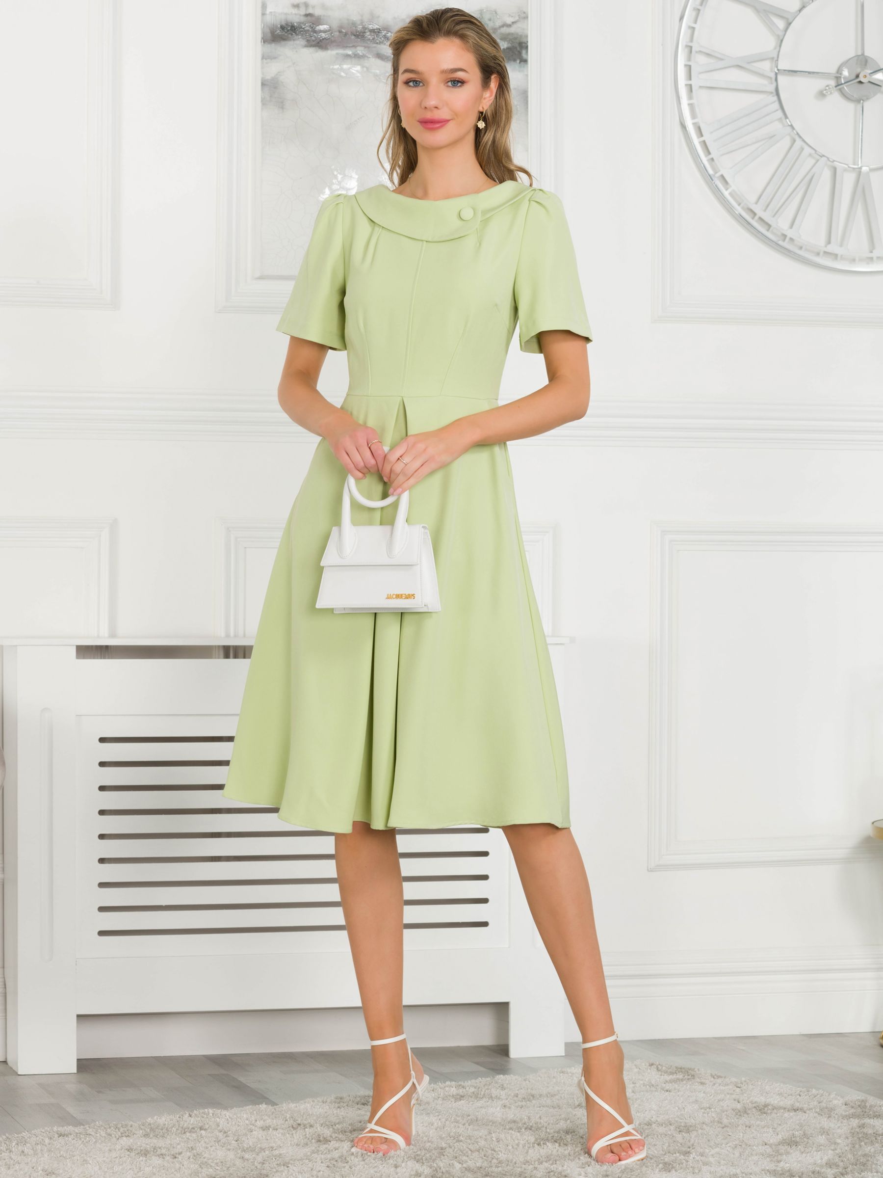 Jolie Moi Debora Button Neck Flared Dress, Citrus Green, 8
