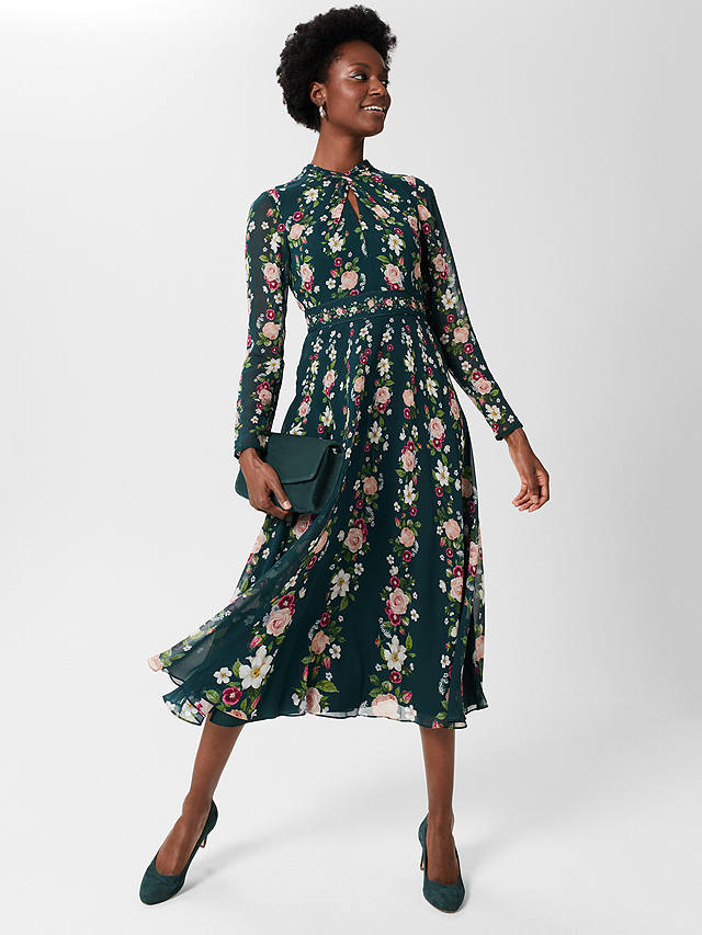 Hobbs Helena Floral Print Silk Midi Dress, Green/Multi