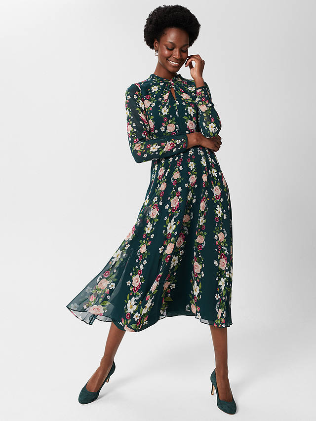 Hobbs Helena Floral Print Silk Midi Dress, Green/Multi