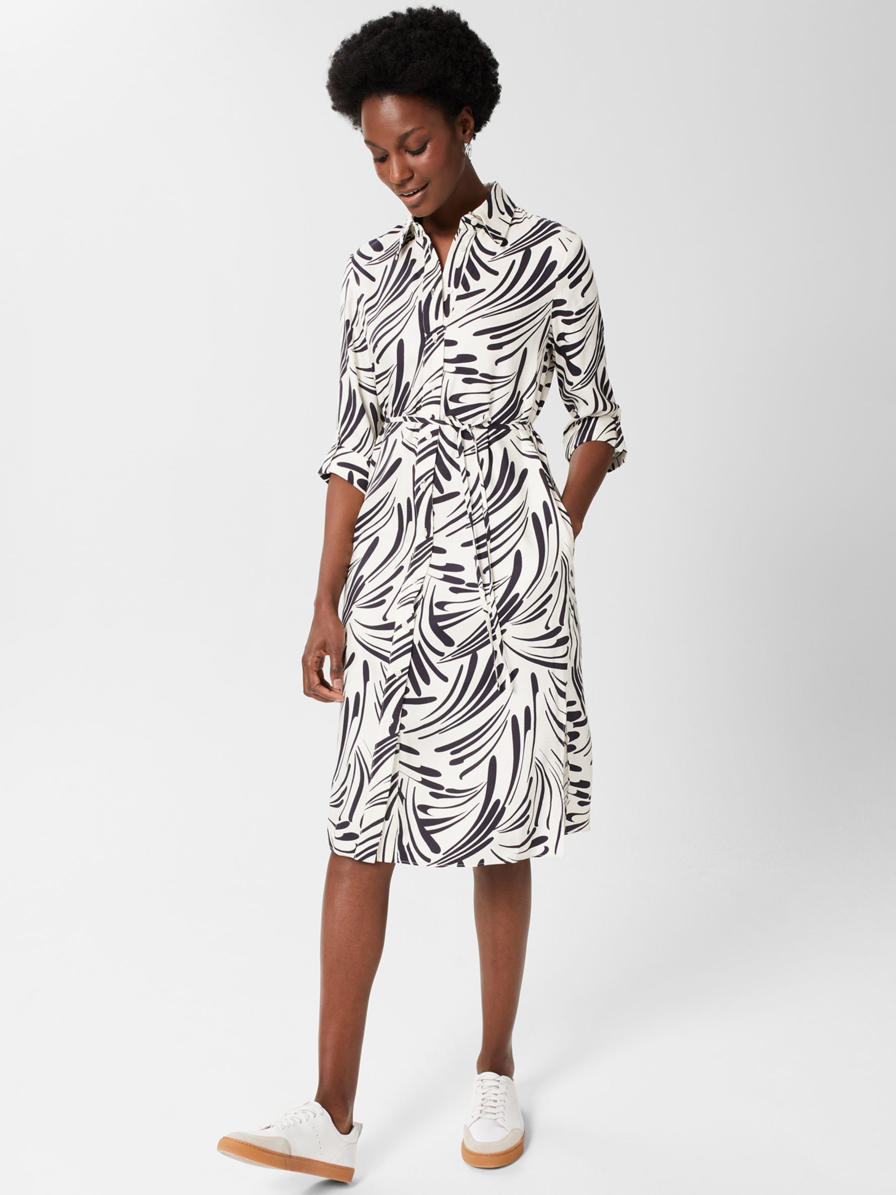 Hobbs Cali Brushstroke Print Midi Shirt Dress, Ecru/Navy, 6