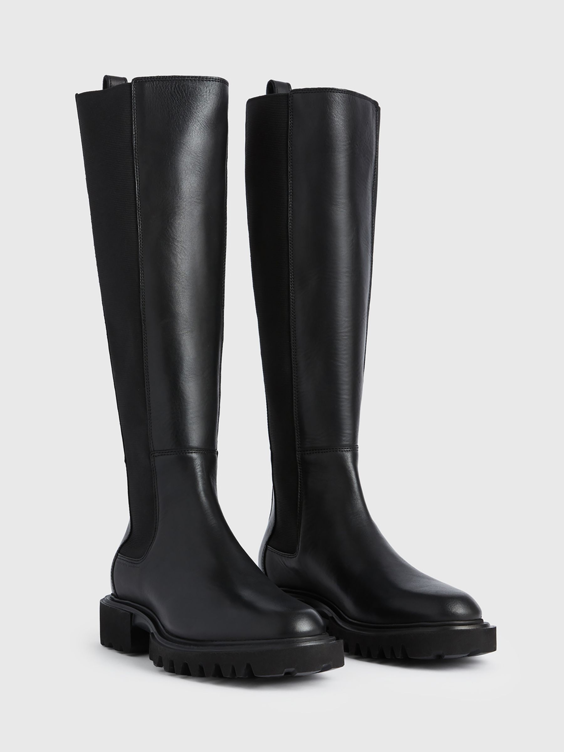 AllSaints Maeve Leather Knee High Boots, Black at John Lewis & Partners