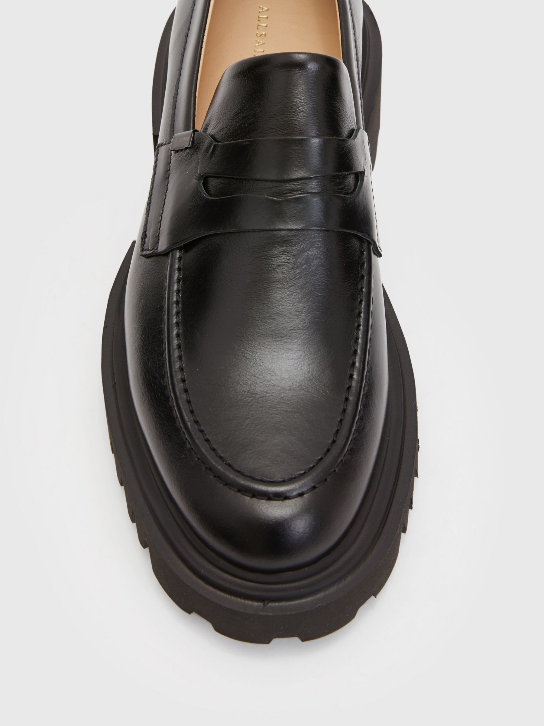 AllSaints Lola Leather Slip On Loafers, Black at John Lewis & Partners