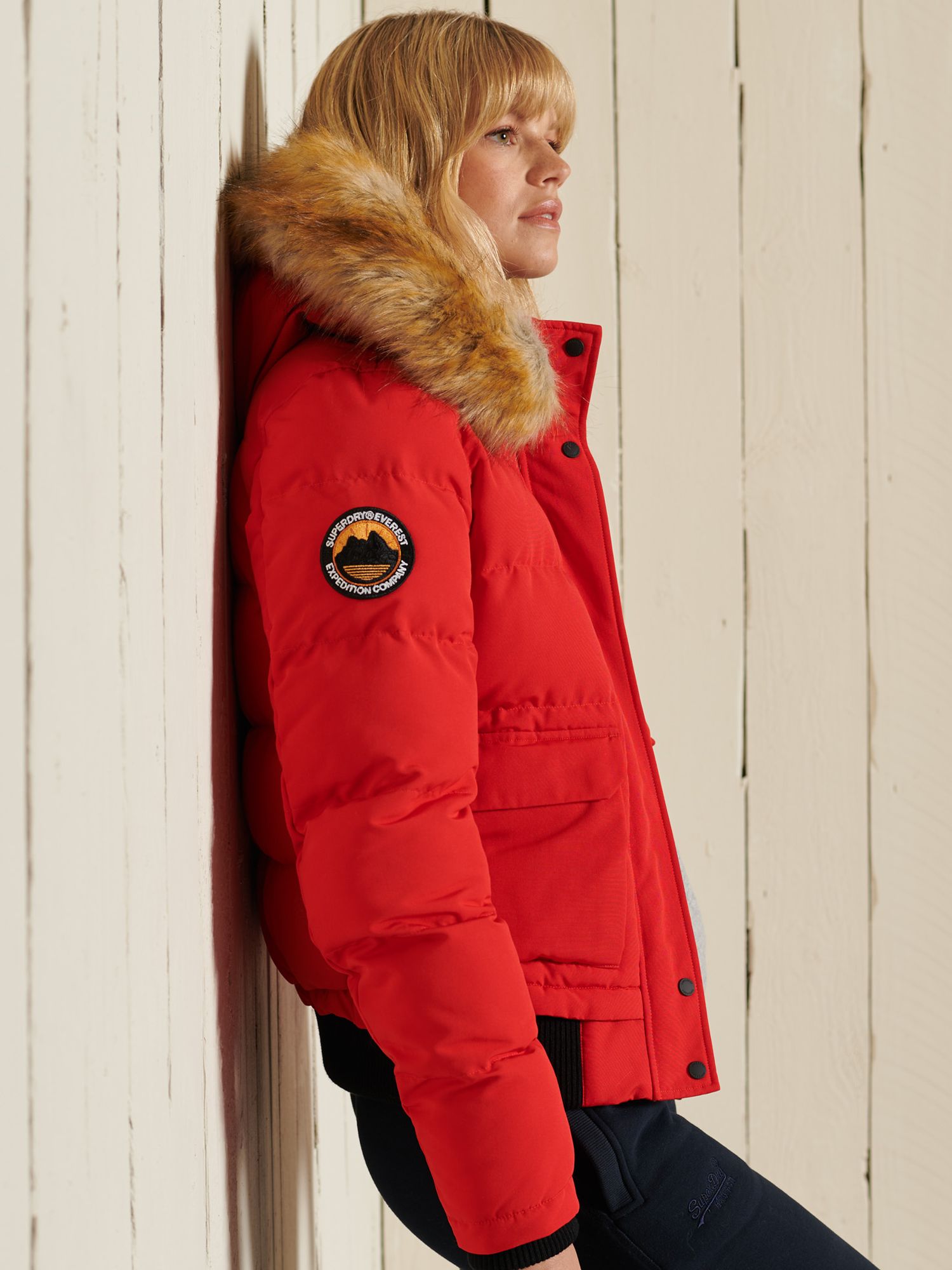 Superdry Original & Vintage Everest Fur Bomber Jacket, High Risk Red, 8