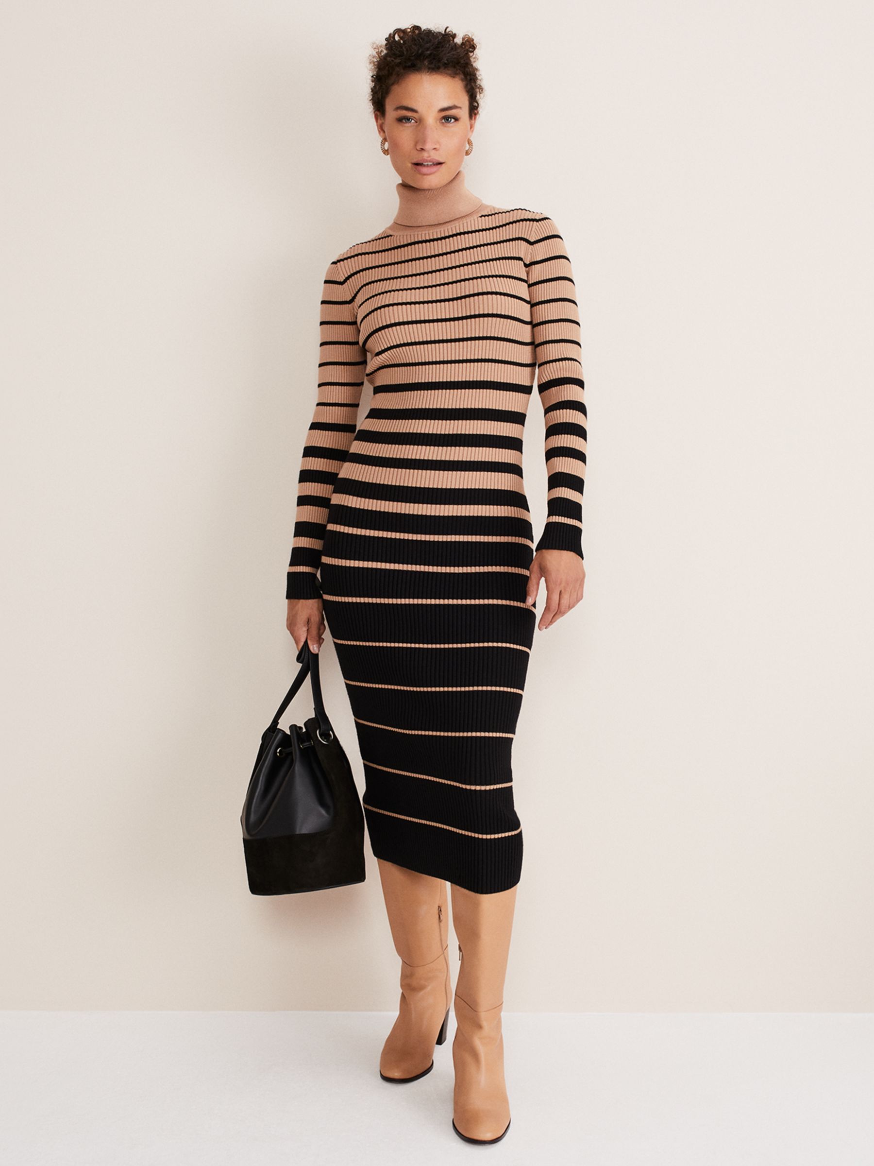 Phase Eight Bettie Ombre Ribbed Roll Neck Jumper Midi Dress, Camel ...