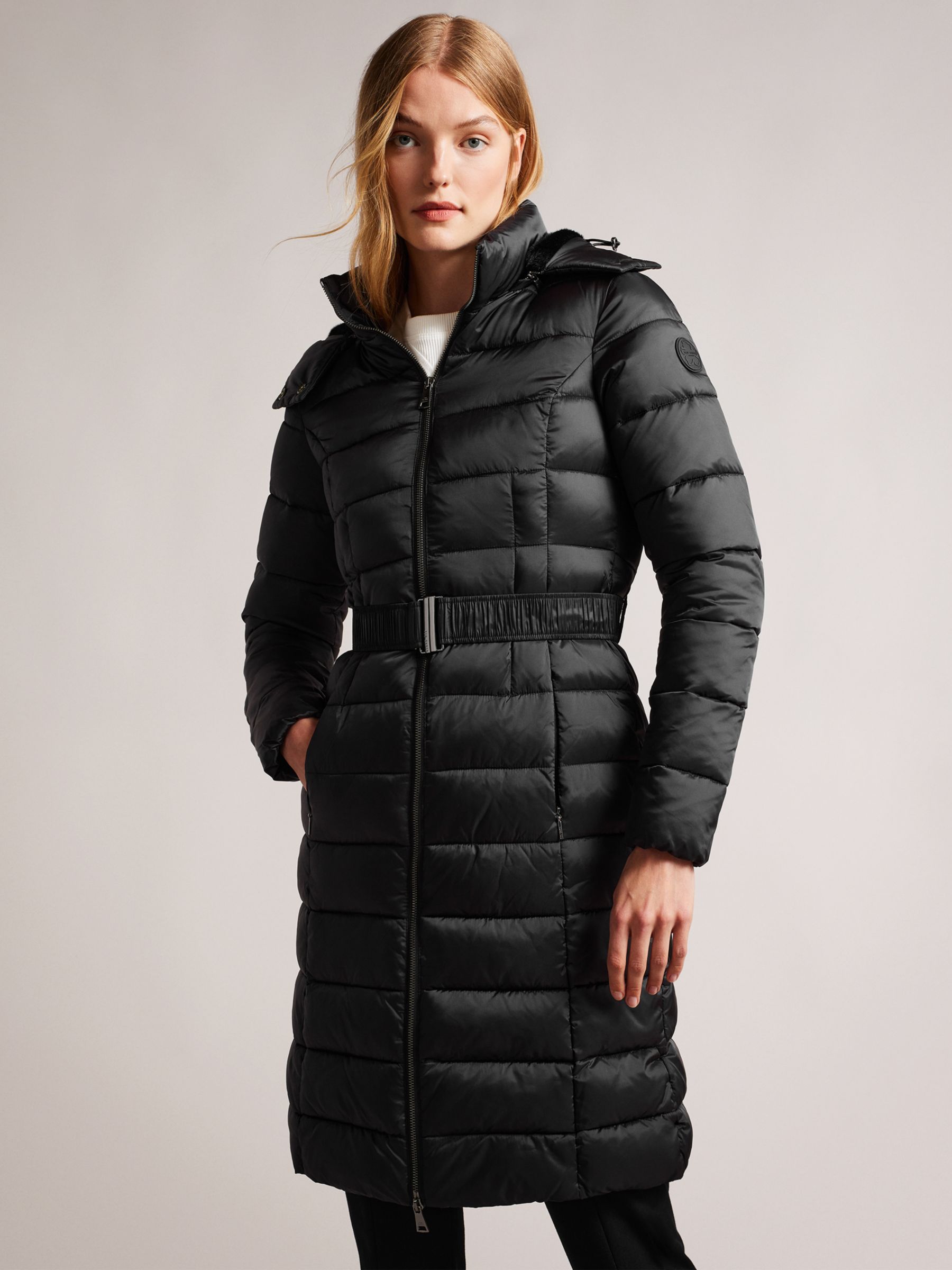 Buy Sosandar Black Longline Metallic Padded Coat With Hood from