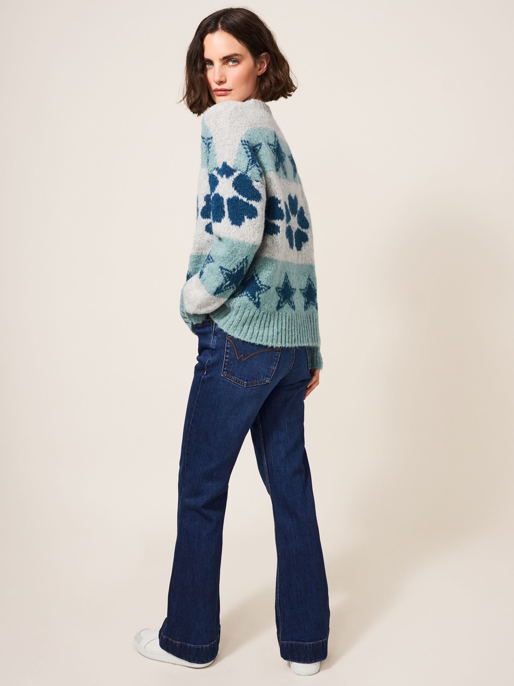 White Stuff Star and Flower Print Wool Blend Knitted Jumper, Teal/Multi ...