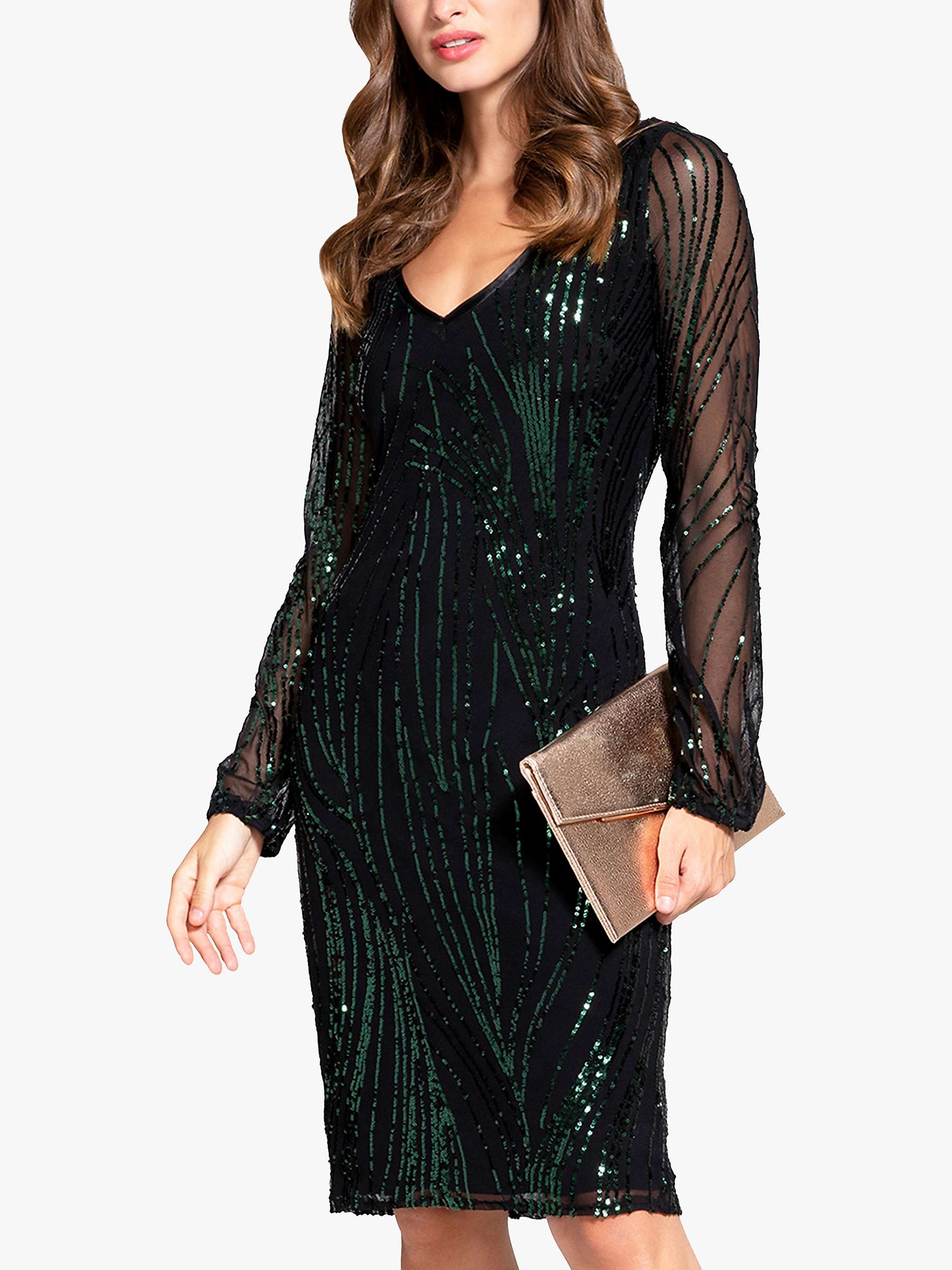 Buy HotSquash Blouson Sleeve Sequin Stripe Dress, Bottle Green Online at johnlewis.com