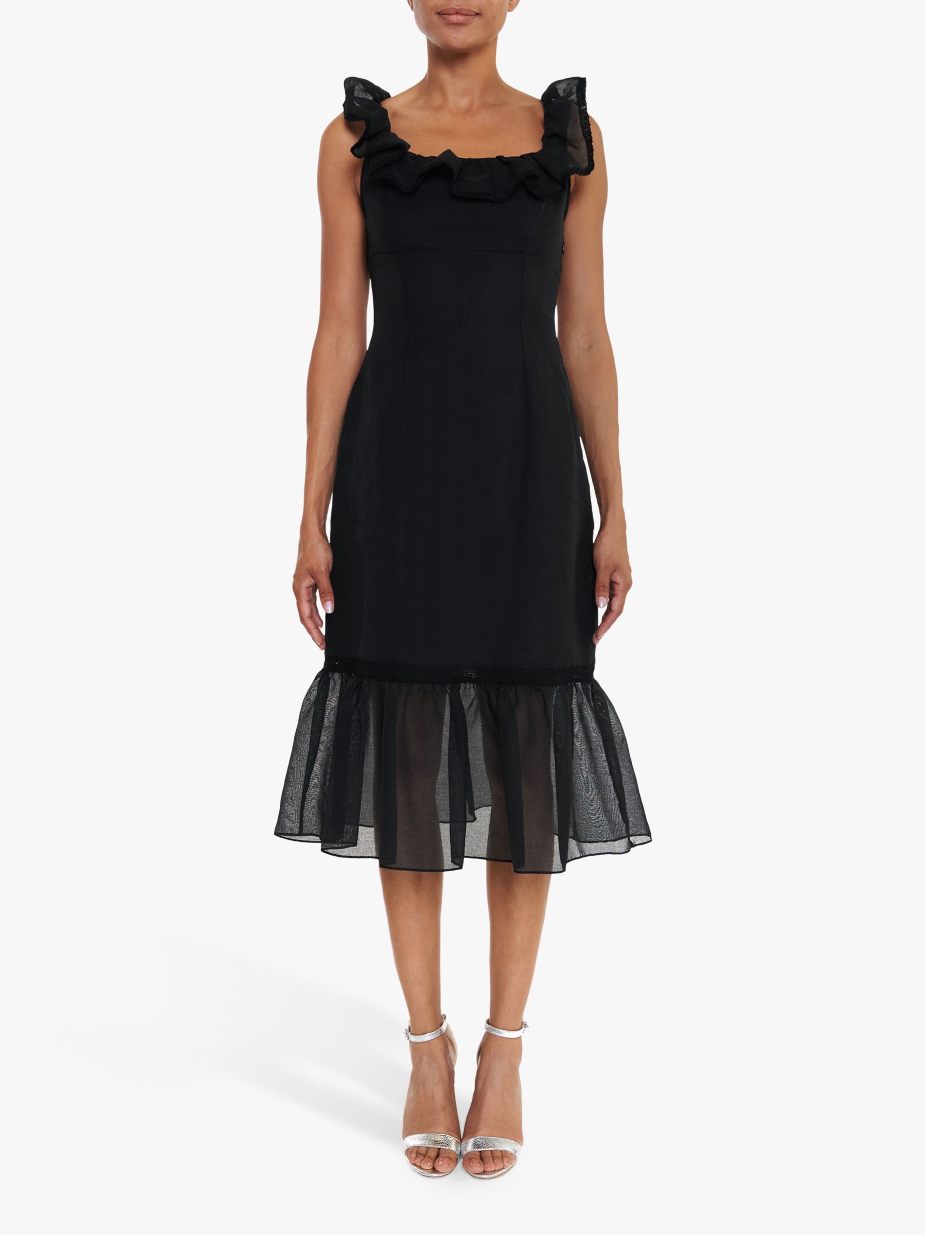 True Decadence Linen Tiered Hem Midi Dress, Black, 6