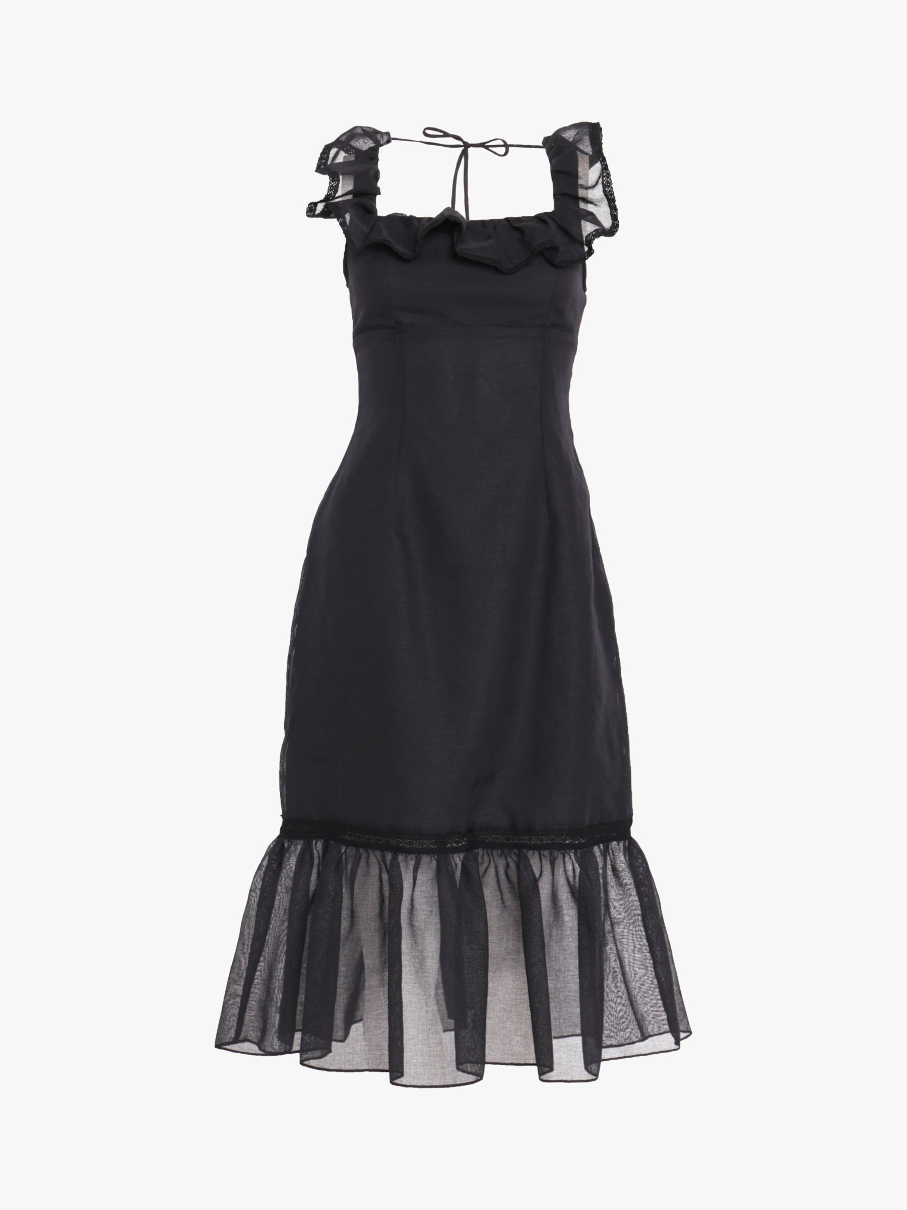 True Decadence Linen Tiered Hem Midi Dress, Black at John Lewis & Partners