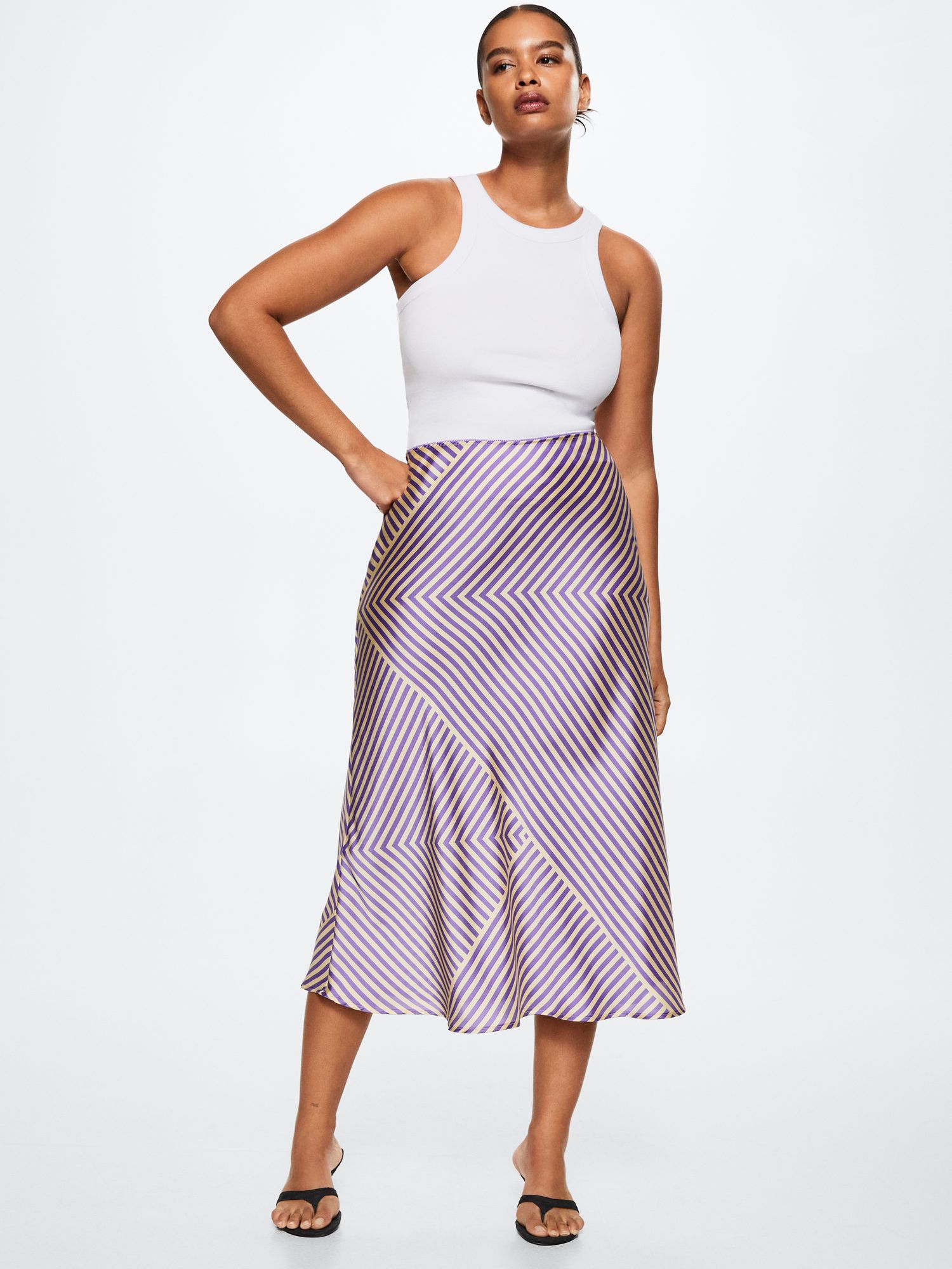 Mango Harper Stripe Midi Satin Skirt, Purple/Cream at John Lewis & Partners
