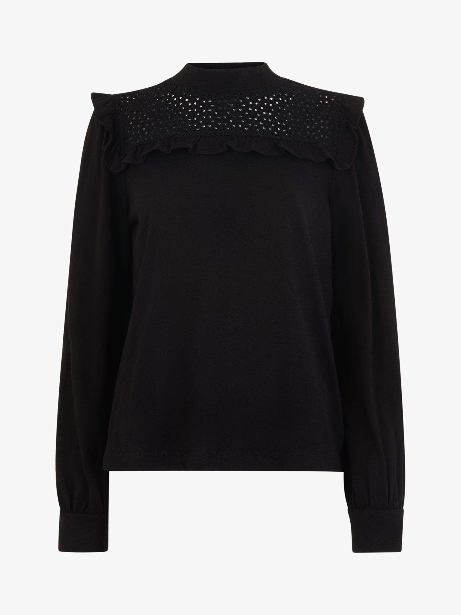 Whistles Broderie Yoke Frill Blouse, Black at John Lewis & Partners