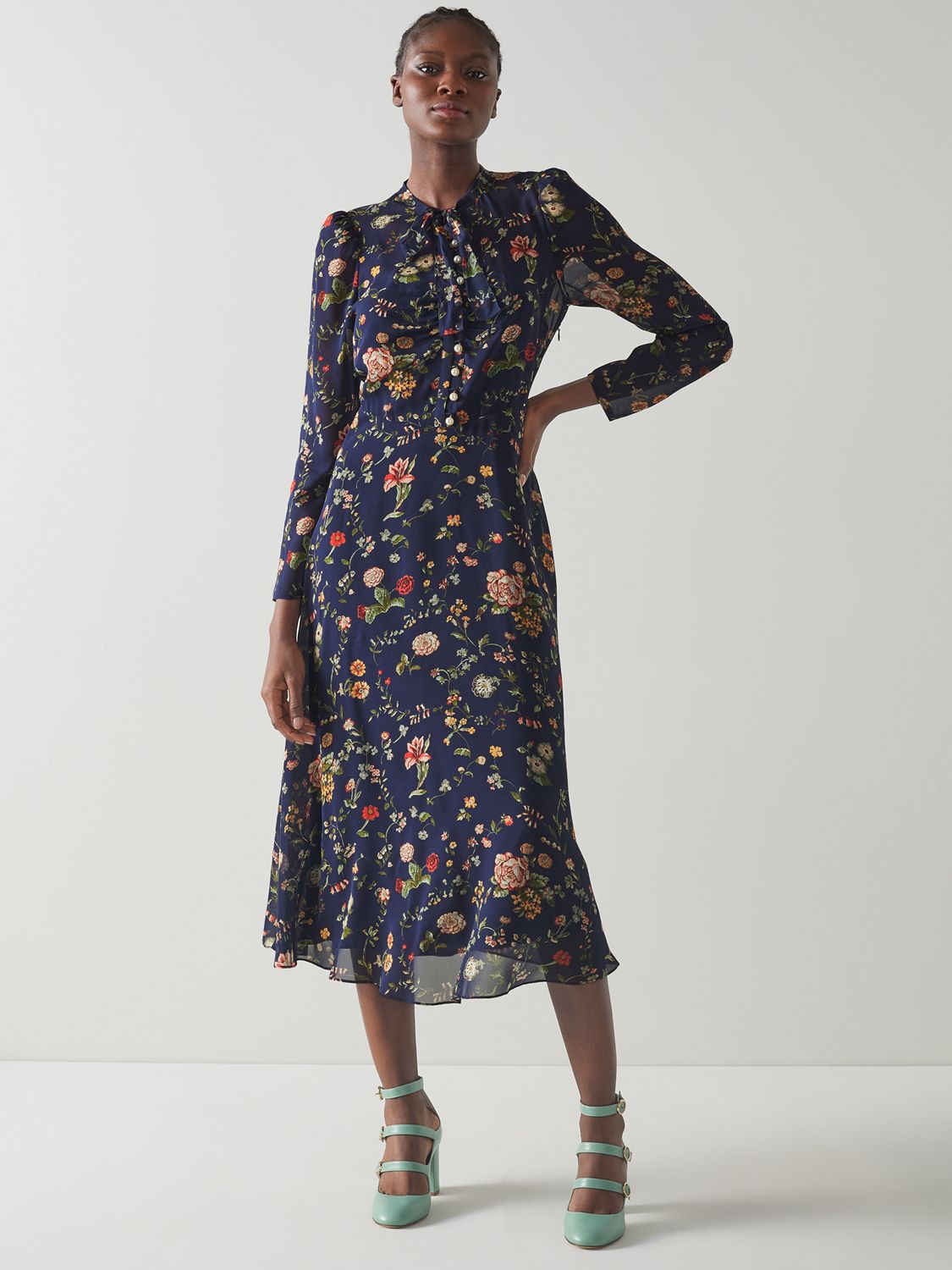 L.K.Bennett Keira Floral Print Silk Midi Dress, Navy/Multi at John ...