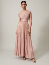 Della Midi Dress - Plunge Neck Short Sleeve Pleated Dress in Champagne