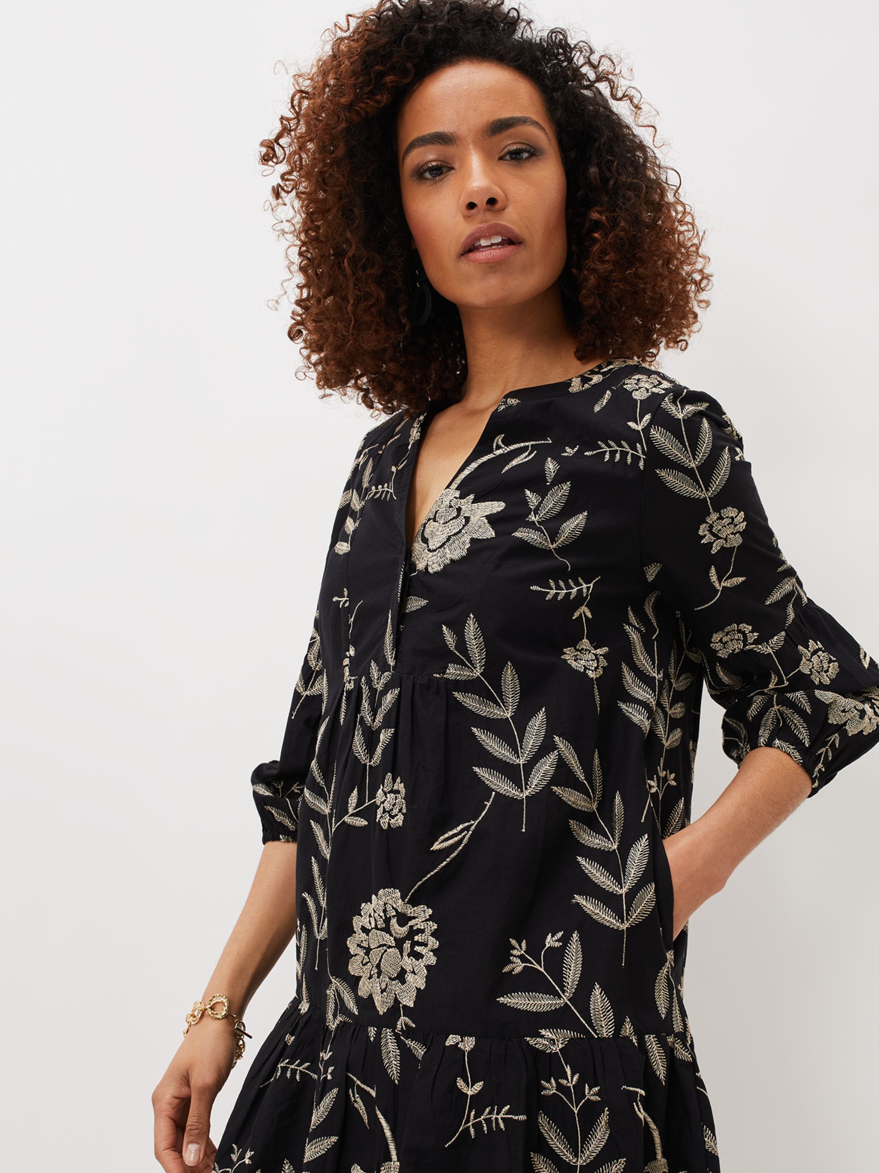 Phase Eight Gina Embroidered Dress, Black/Stone at John Lewis & Partners