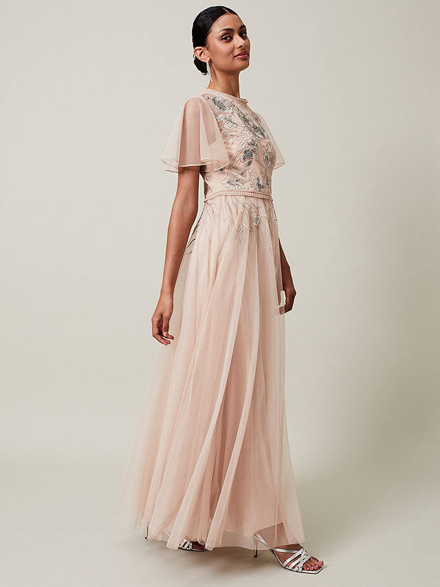 Phase Eight Zena Beaded Tulle Maxi Dress, Pale Pink/Silver