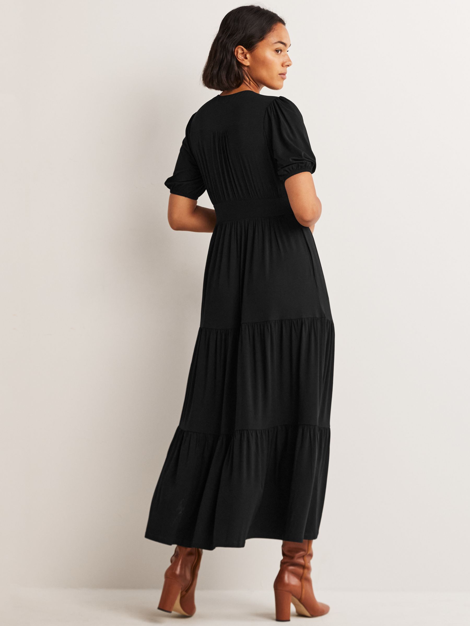 Boden Tiered Midi Jersey Dress, Black at John Lewis & Partners