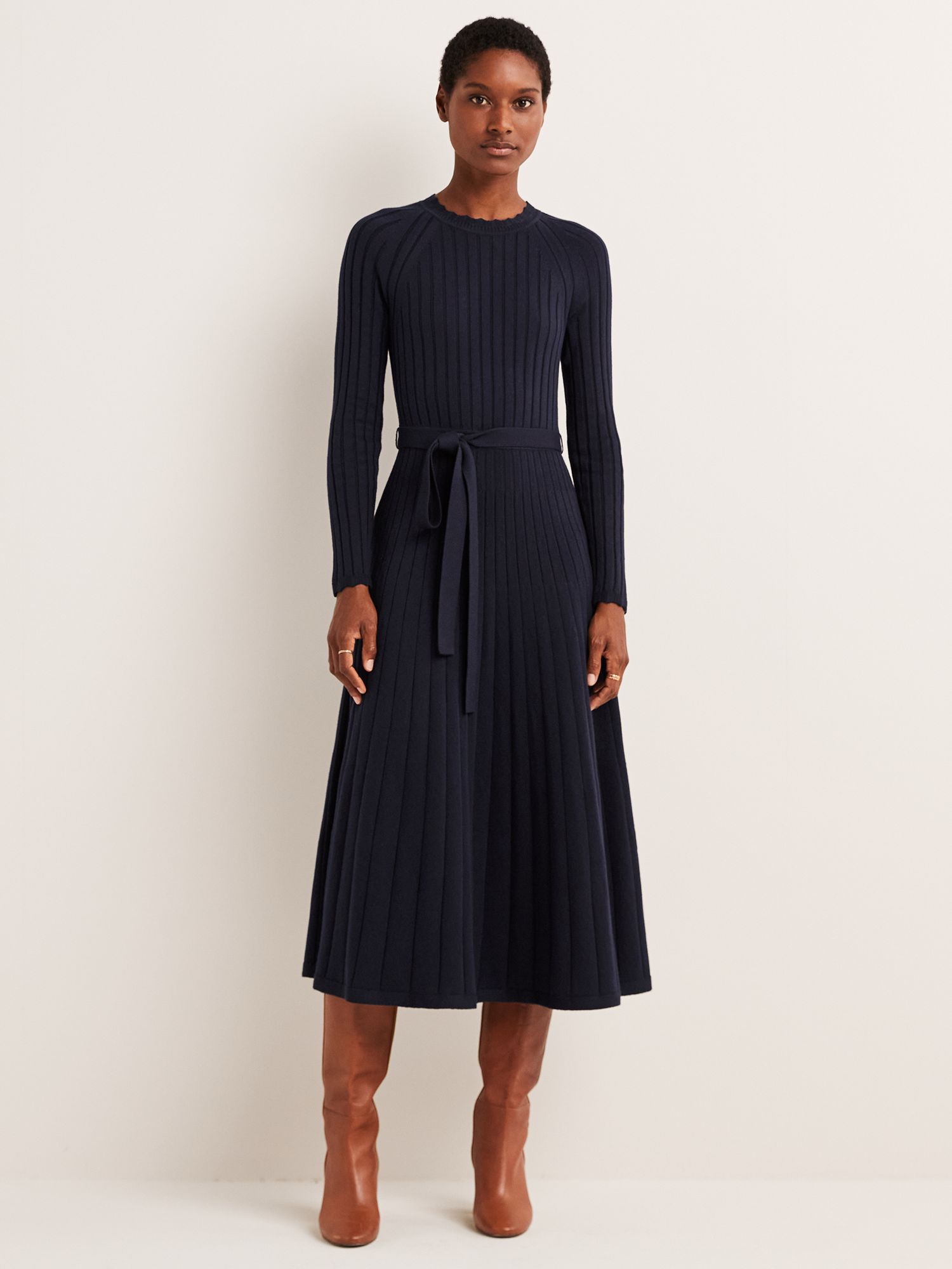 Boden Ribbed Knitted Midi Dress, Navy at John Lewis & Partners