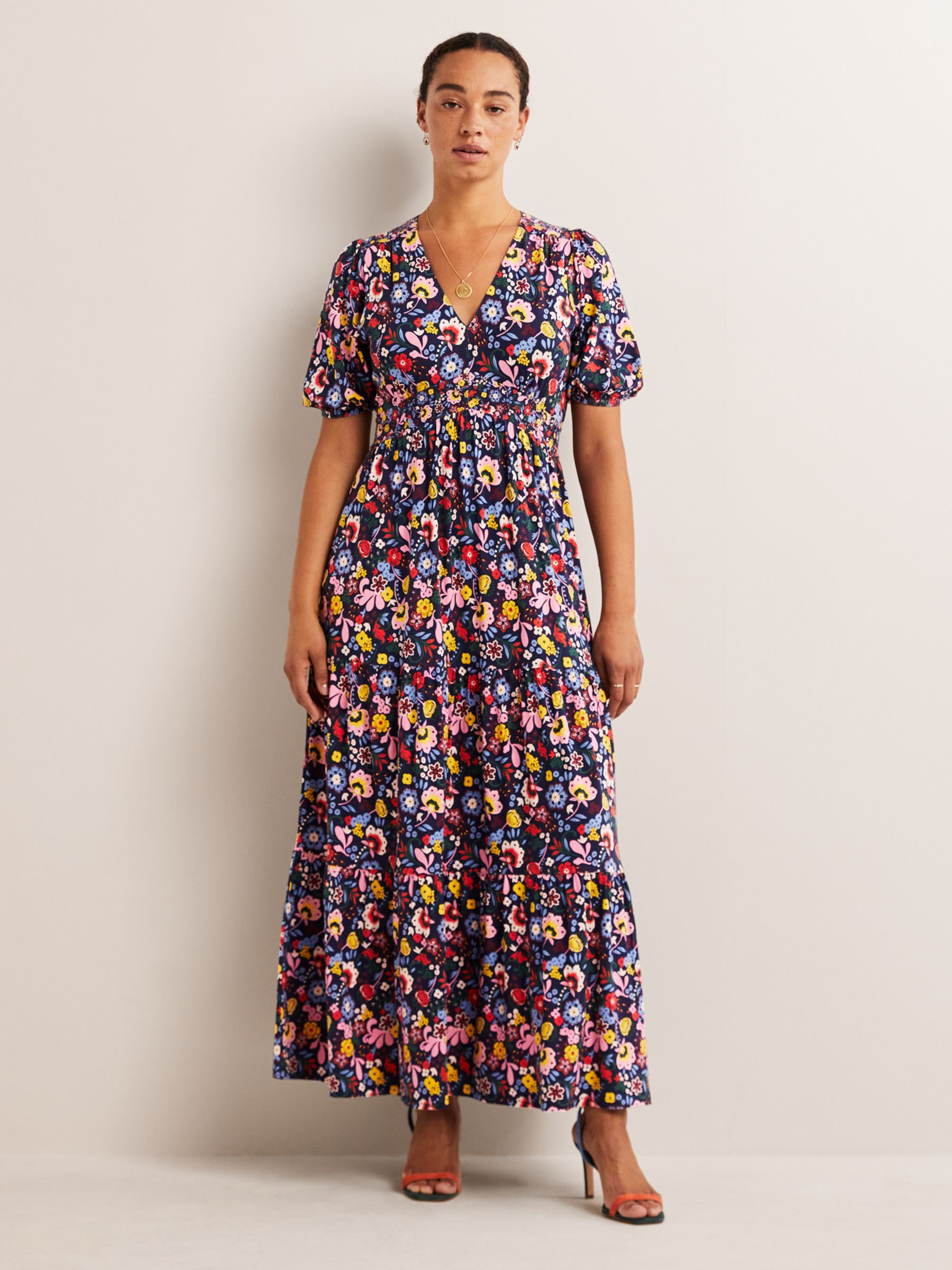 Boden Floral Print Tiered Jersey Maxi Dress, Navy/Multi