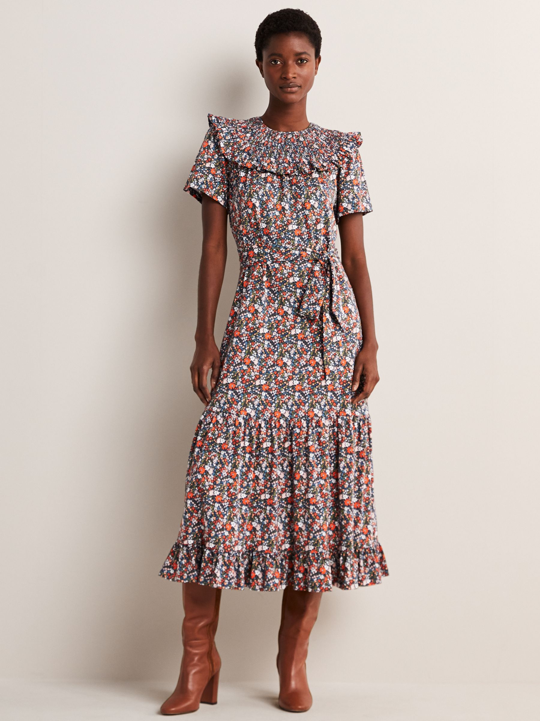 Boden Abstract Ditsy Smocked Yoke Jersey Midi Dress, Navy/Multi at John ...