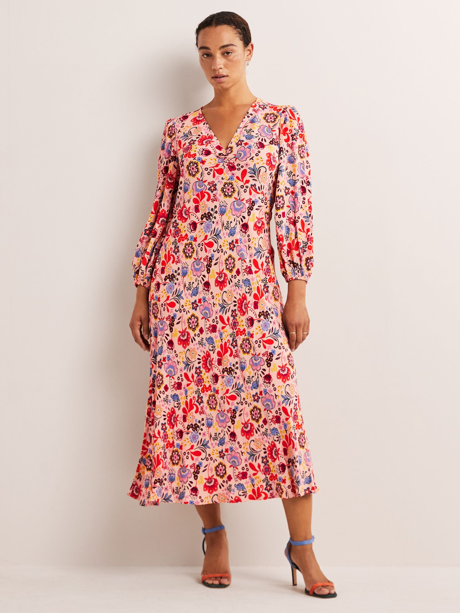 Boden Paradise Floral Print Empire Midi Dress, Milkshake/Multi