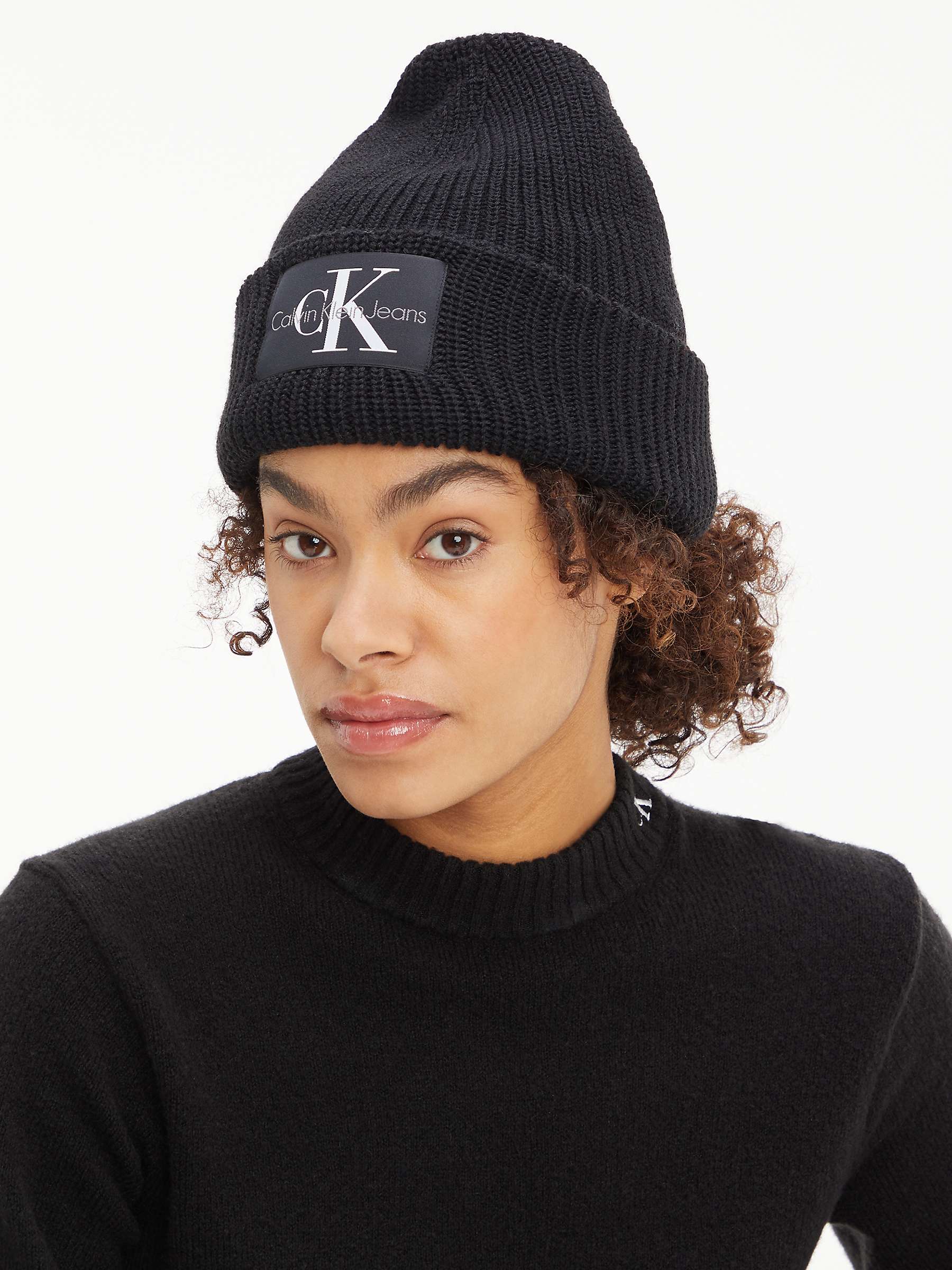 Calvin Klein MonoLogo Patch Beanie Hat, Black at John Lewis & Partners