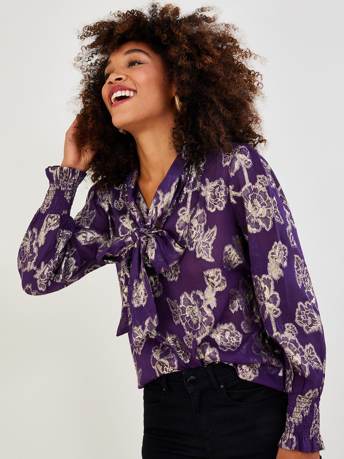 Monsoon Lucinda Floral Print Tie Neck Blouse, Purple/Multi at John Lewis &  Partners