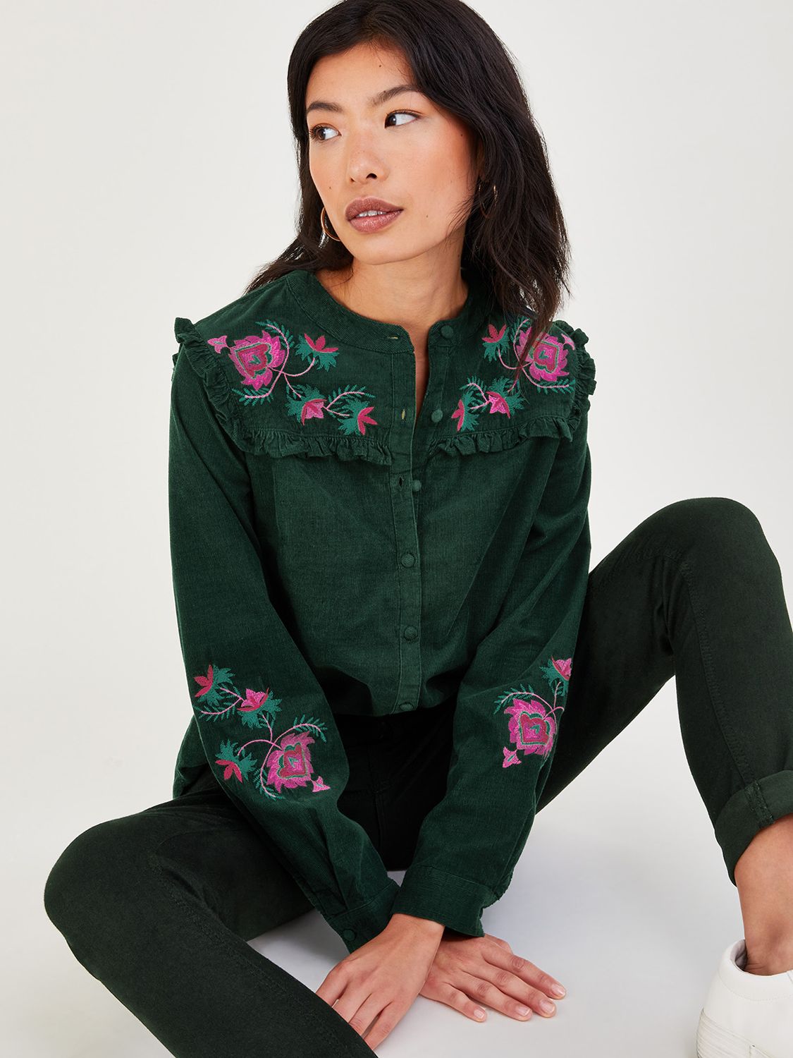 Monsoon Floral Embroidered Corduroy Shirt, Green, S