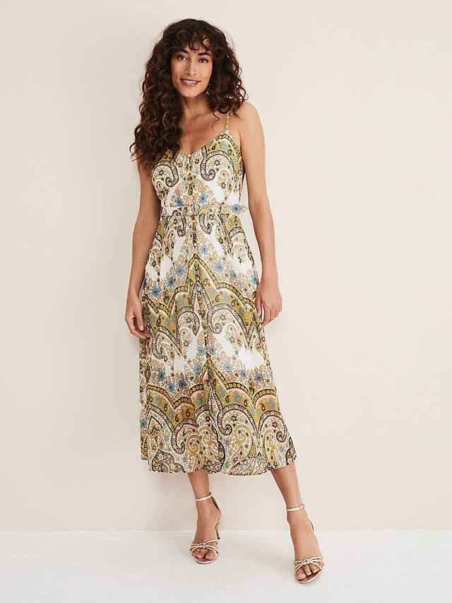 Phase Eight Francesca Floral and Paisley Print Cami Midi Dress, Gold/Multi