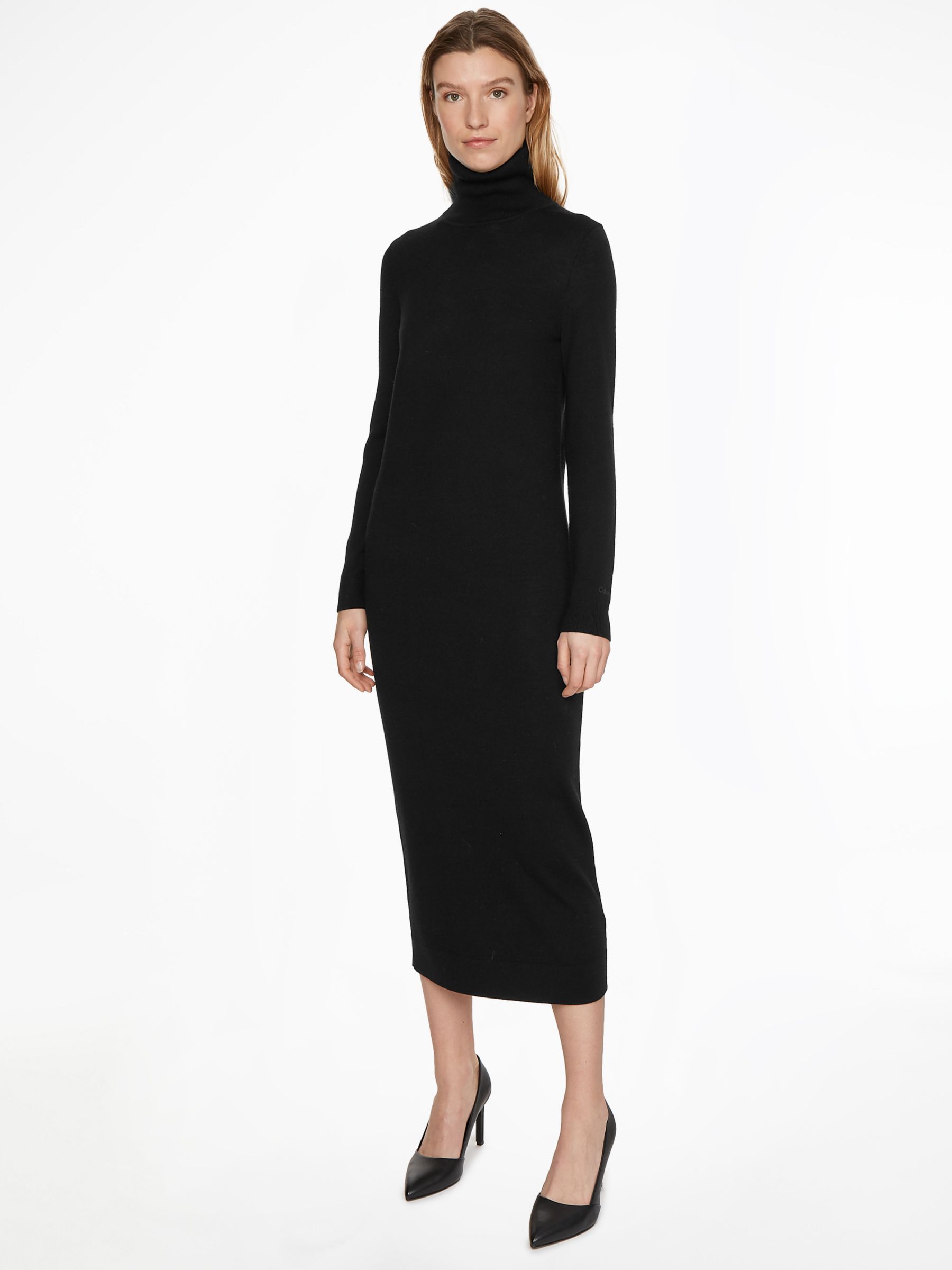 Calvin Klein Pure Wool Roll Neck Midi Dress, Black at John Lewis & Partners