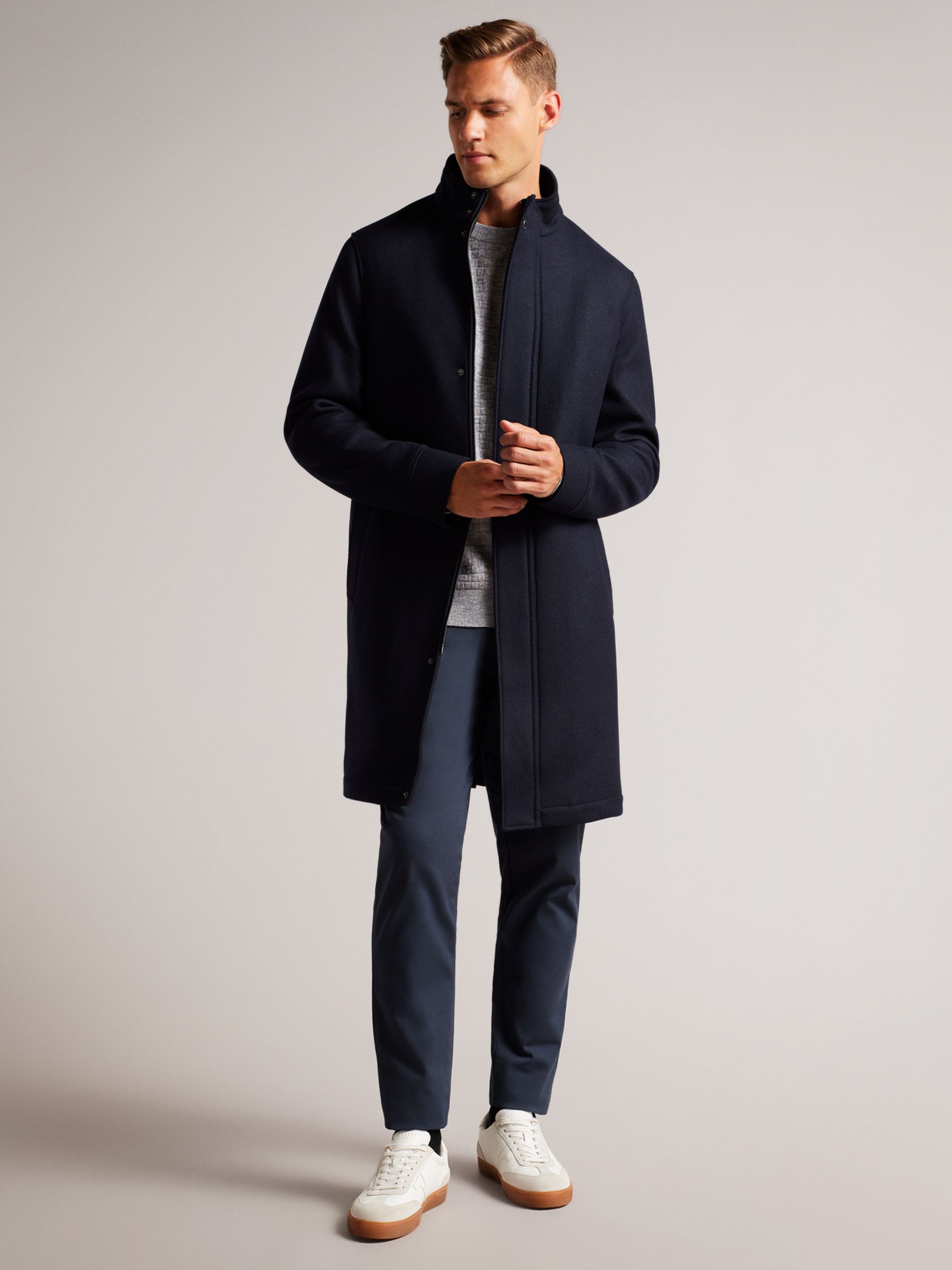 Ted Baker Icomb Wool Blend Funnel Neck Coat, Navy at John Lewis & Partners
