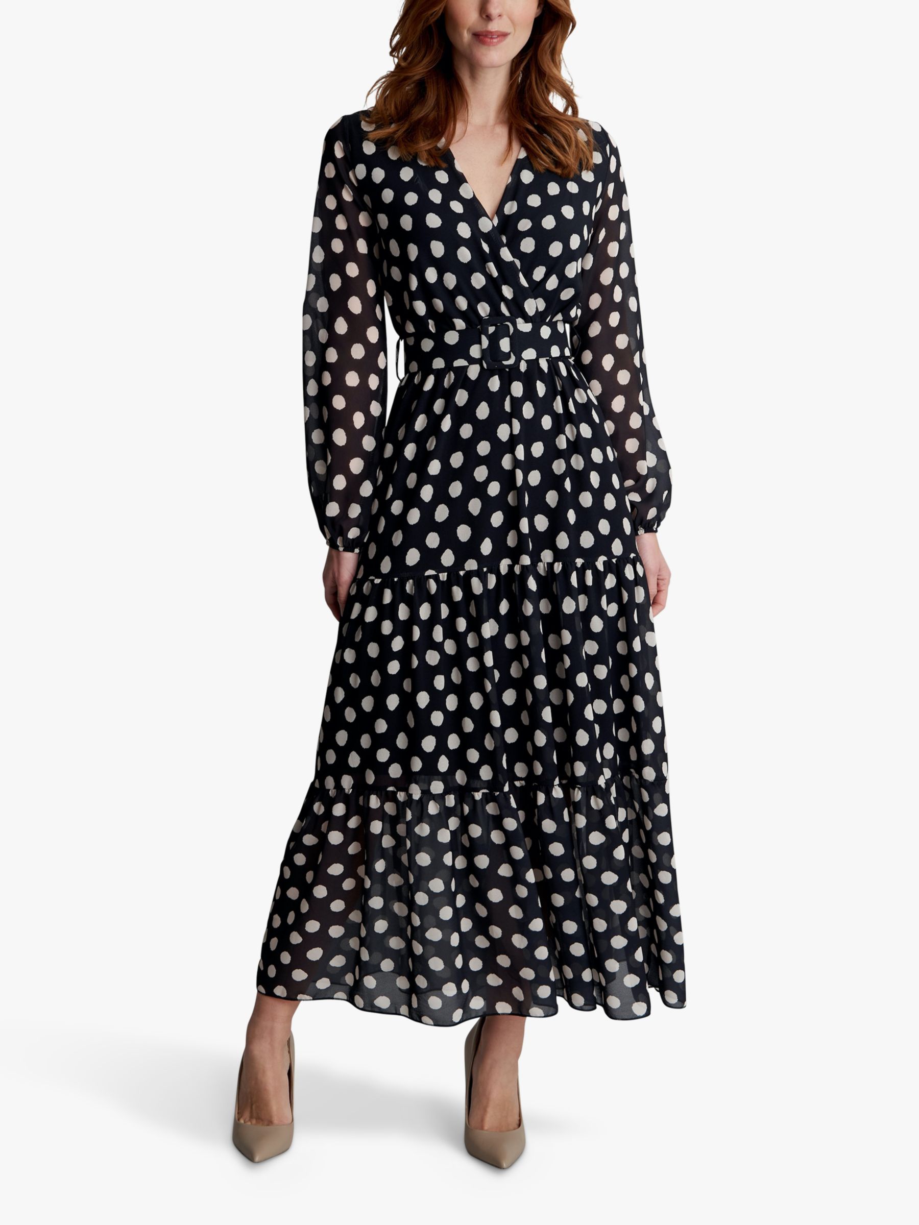 Gina Bacconi Rayla Spot Print Tiered Maxi Dress, Black/White