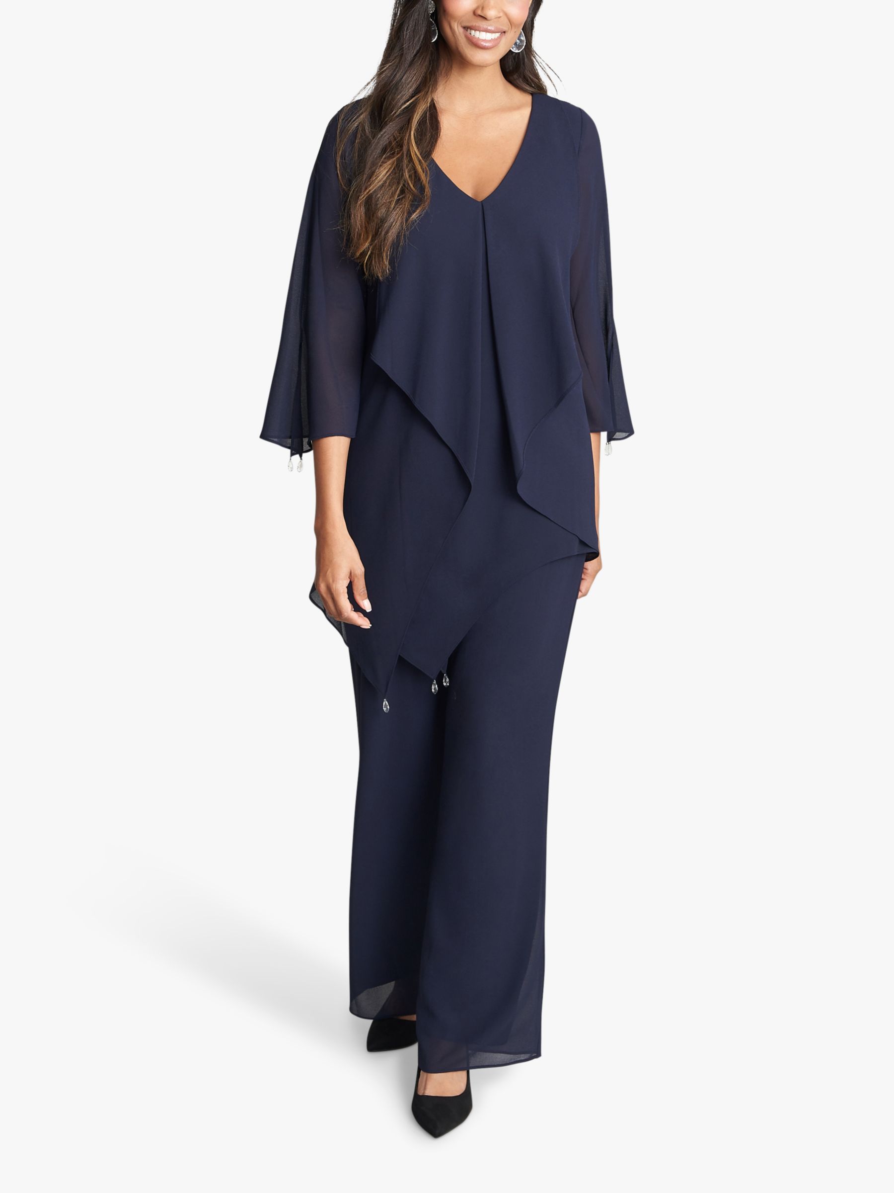 Gina Bacconi Wilma 2-Piece Suit With Asymmetric Cascade Ruffle Blouse & Wide Leg Trousers, Navy