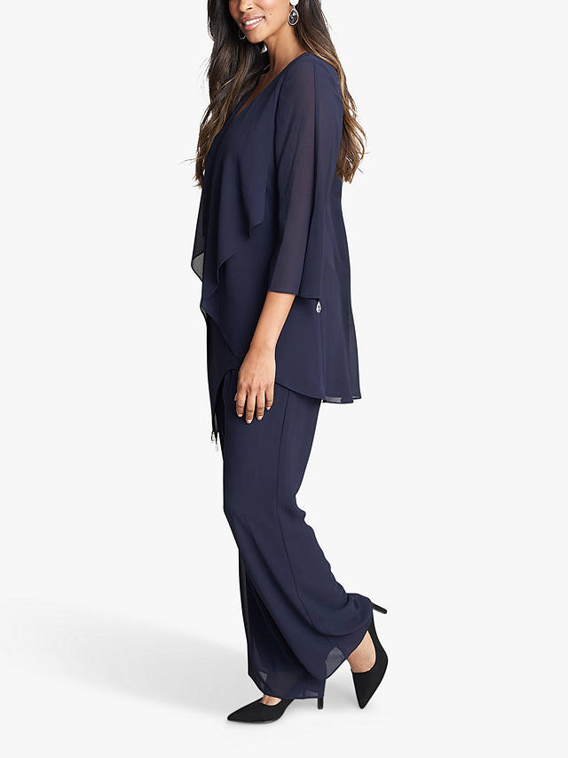 Gina Bacconi Wilma 2-Piece Suit With Asymmetric Cascade Ruffle Blouse & Wide Leg Trousers, Navy