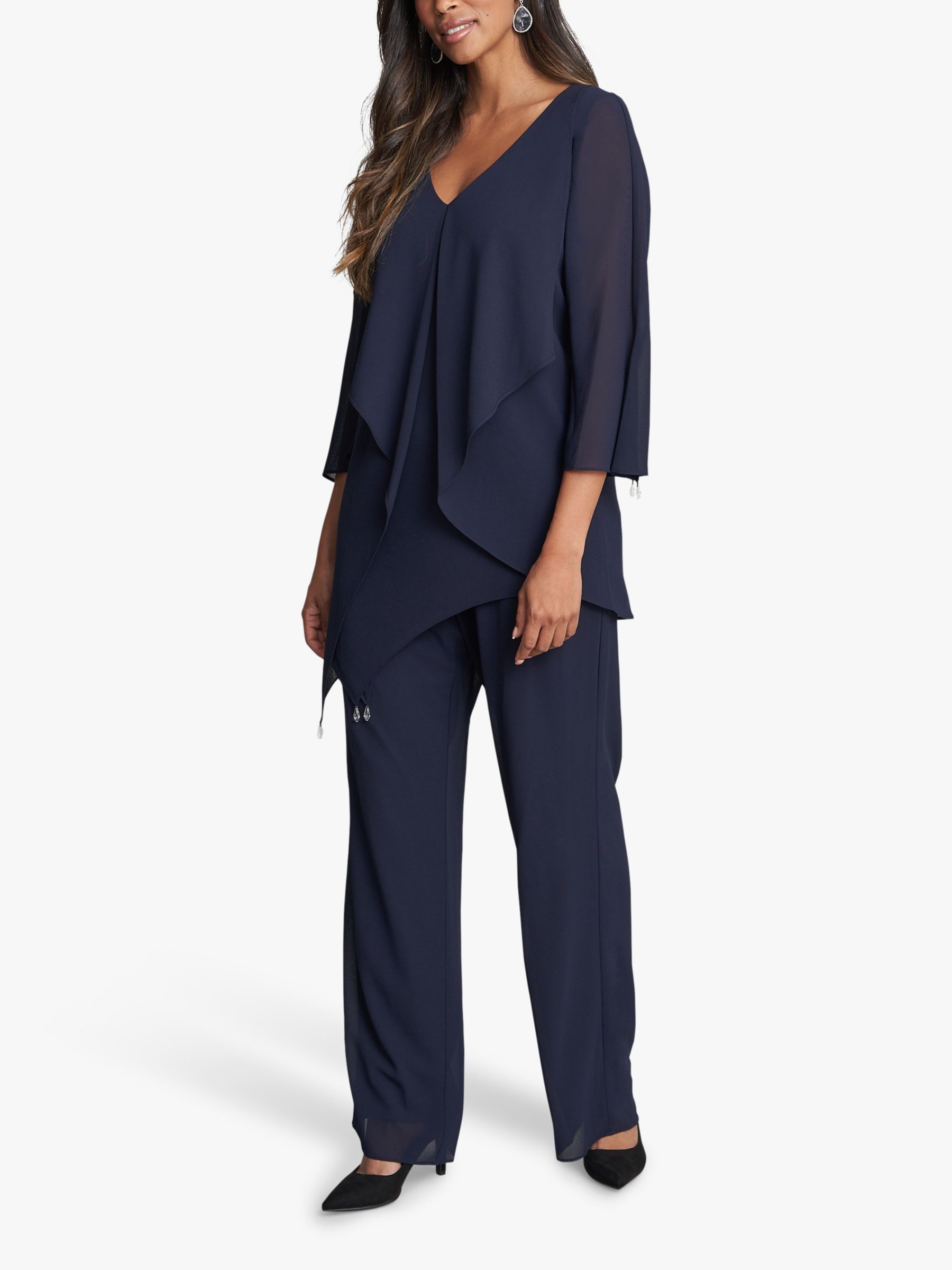 Gina Bacconi Wilma 2-Piece Suit With Asymmetric Cascade Ruffle Blouse & Wide Leg Trousers, Navy, 10
