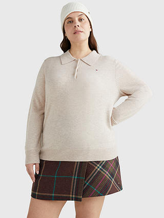 Tommy Hilfiger Curve Cashmere Long Sleeve Polo, White Dove Heather