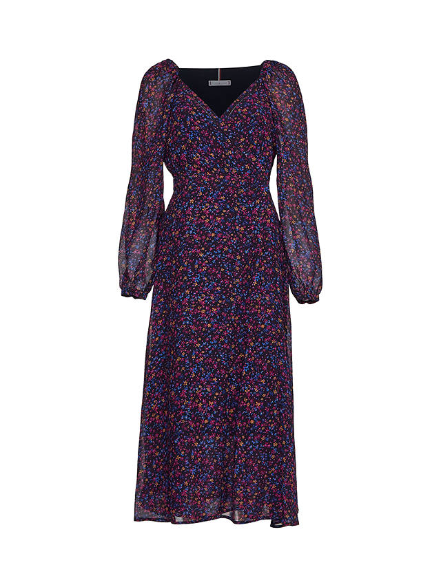 Tommy Hilfiger Floral Print Chiffon Wrap Midi Dress, Blue/Multi