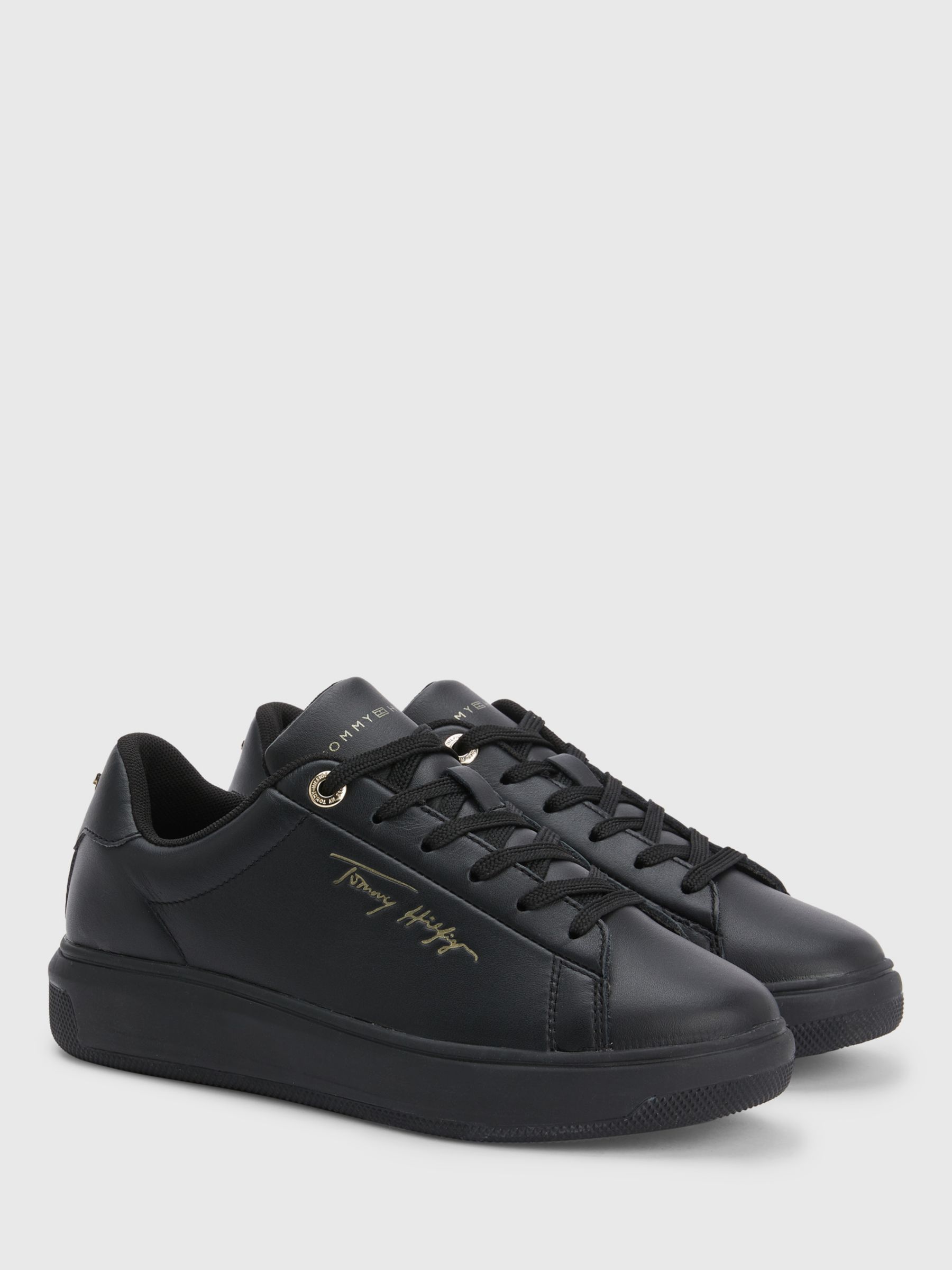 Tommy Hilfiger Signature Leather Trainers, Black at John Lewis & Partners