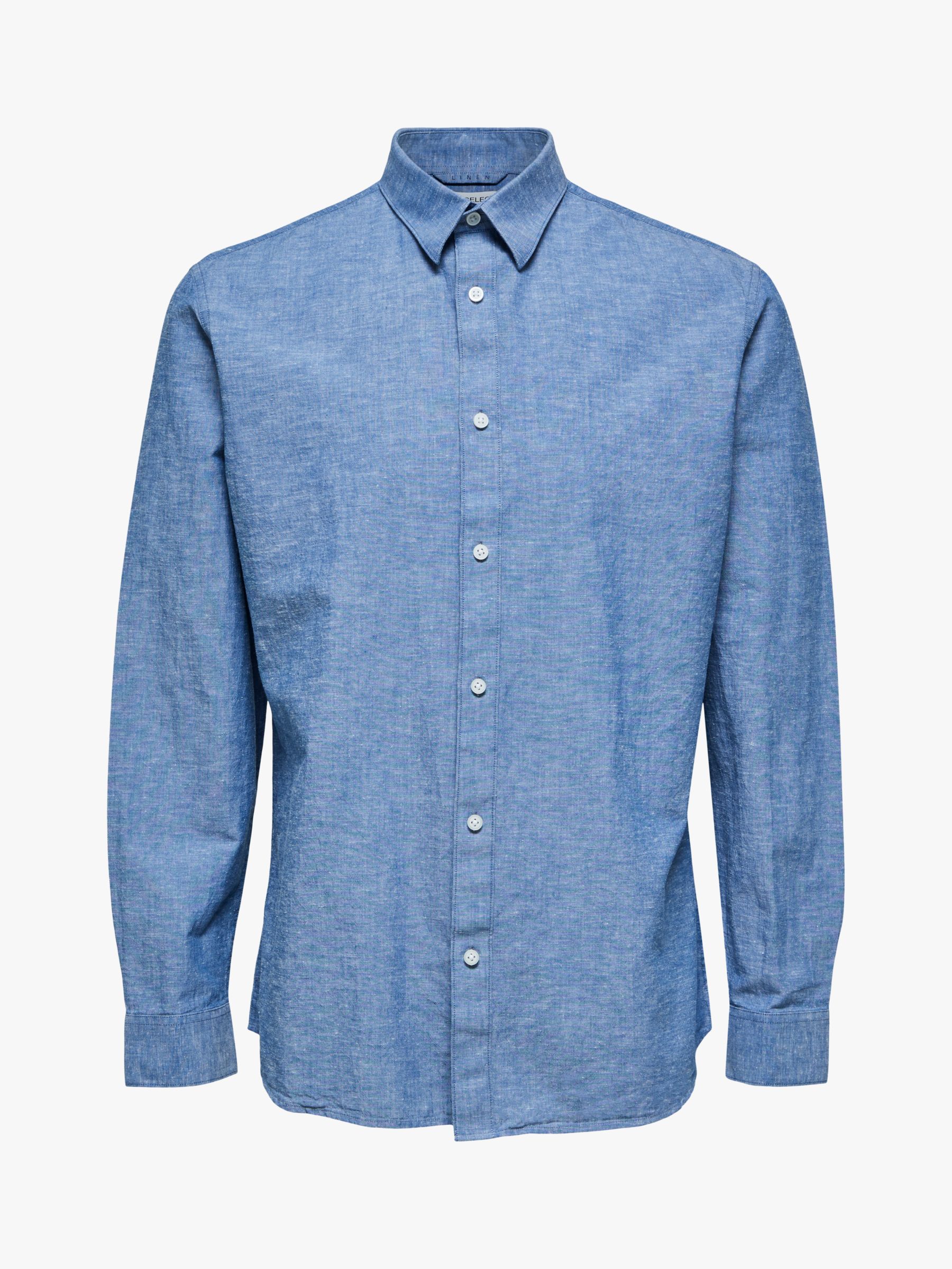 SELECTED HOMME Cotton Linen Blend Shirt, Medium Blue Denim, S
