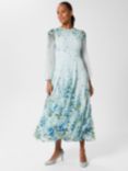 Hobbs Giselle Floral Print Silk Midi Dress, Pale Blue/Multi