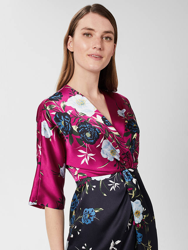 Hobbs Farrah Floral Satin Dress, Magenta/Navy