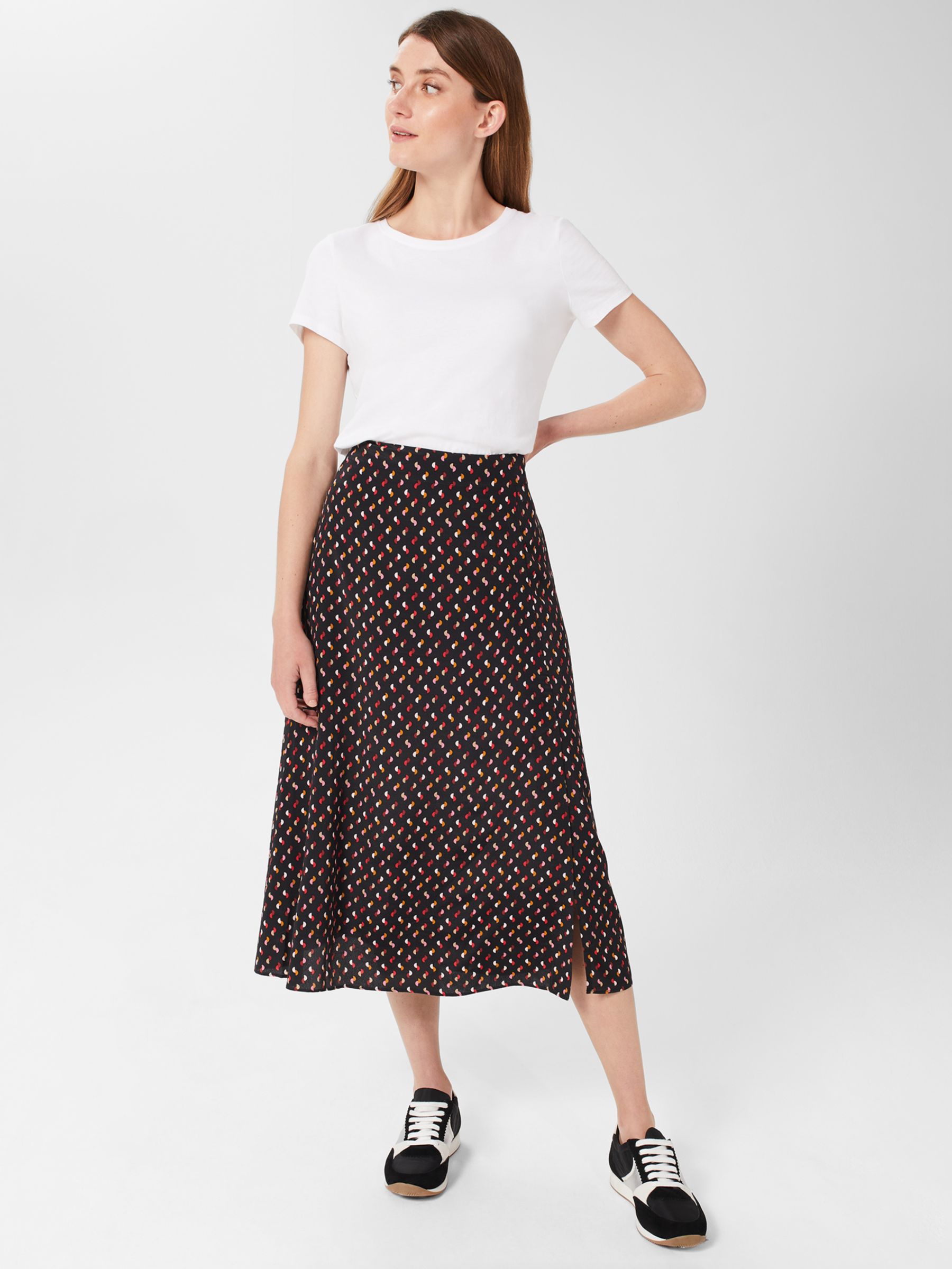 Hobbs Annette Spot Print Midi Skirt, Black/Multi at John Lewis & Partners