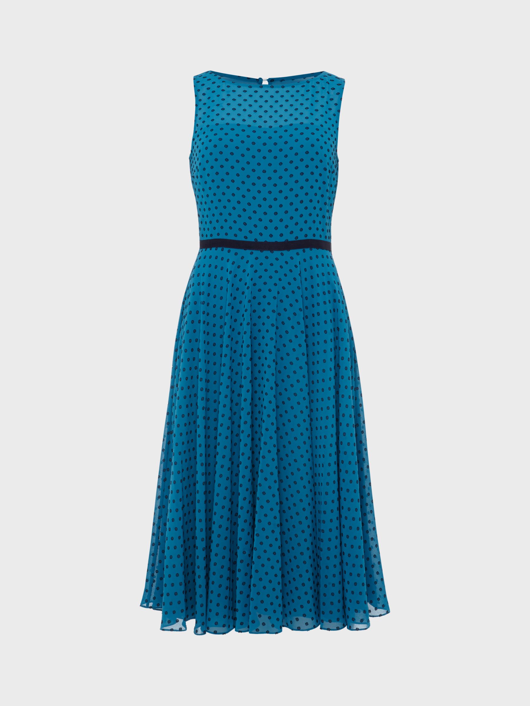 Hobbs Petite Della Polka Dot Flared Dress, Jade at John Lewis & Partners