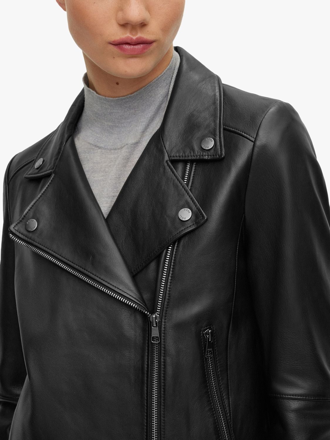 HUGO BOSS Saleli Leather Biker Jacket, Black at John Lewis & Partners