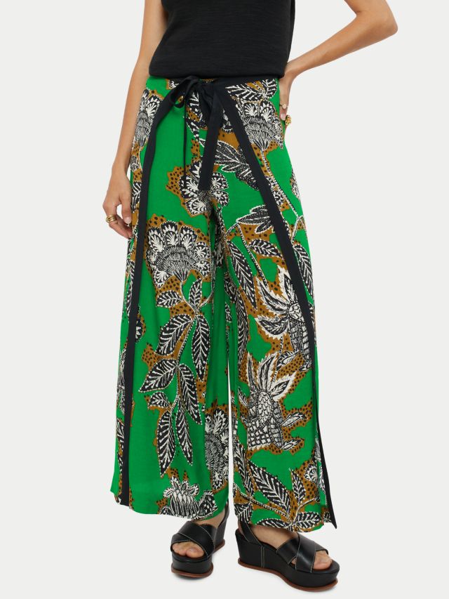 Jigsaw Floral Block Print Wrap Tie Front Trousers, Green/Multi, 10