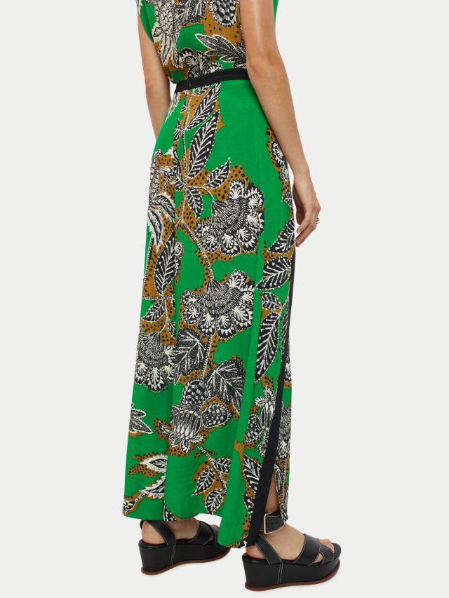 Jigsaw Floral Block Print Wrap Tie Front Trousers, Green/Multi, 10