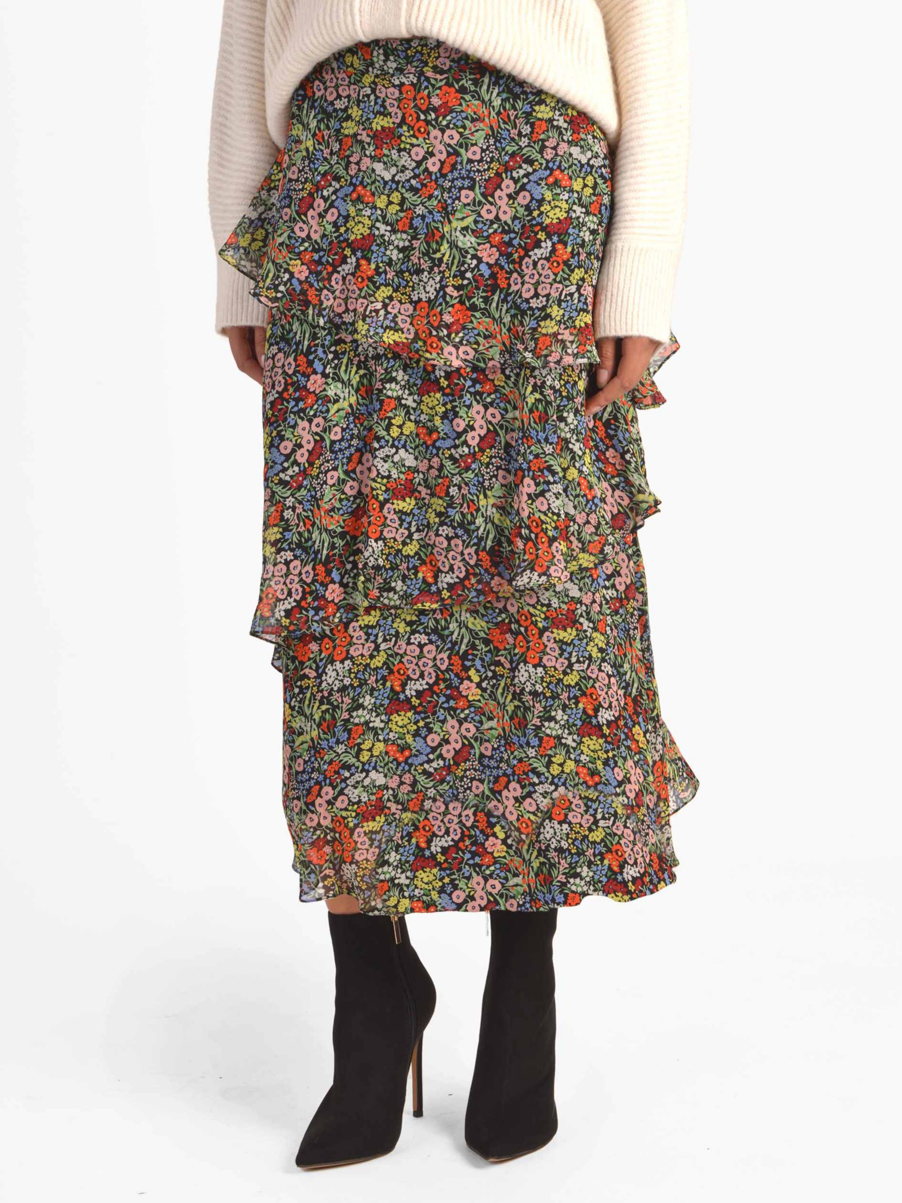 Ro&Zo Autumm Floral Tiered Midi Skirt, Black/Multi at John Lewis & Partners