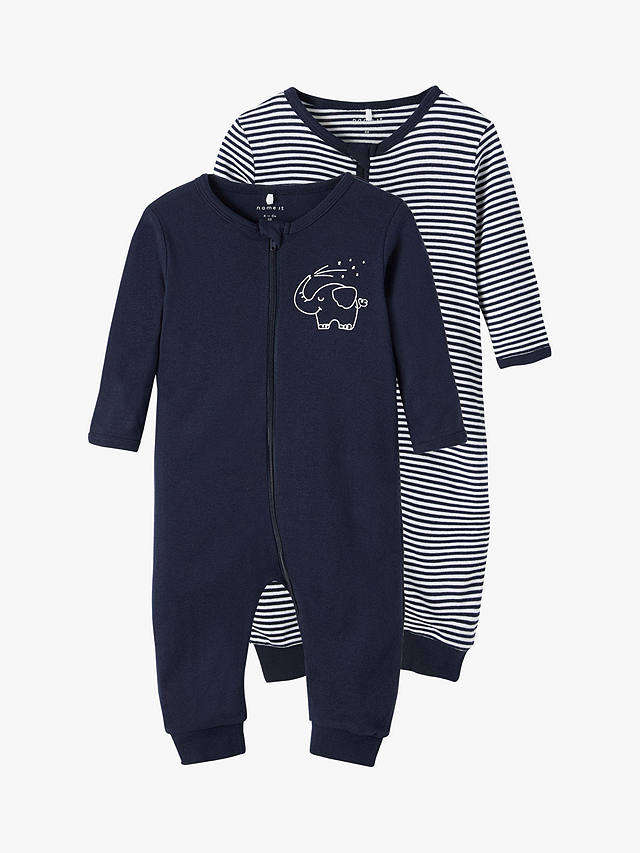 NAME IT Elephant & Stripe Organic Cotton Sleepsuits, Pack of 2, Dark Sapphire