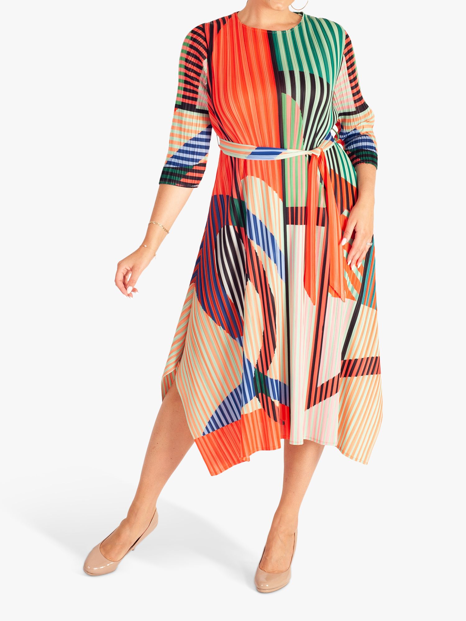 Chesca PlissÃƒÂ© Striped Midi Dress, Orange/Multi